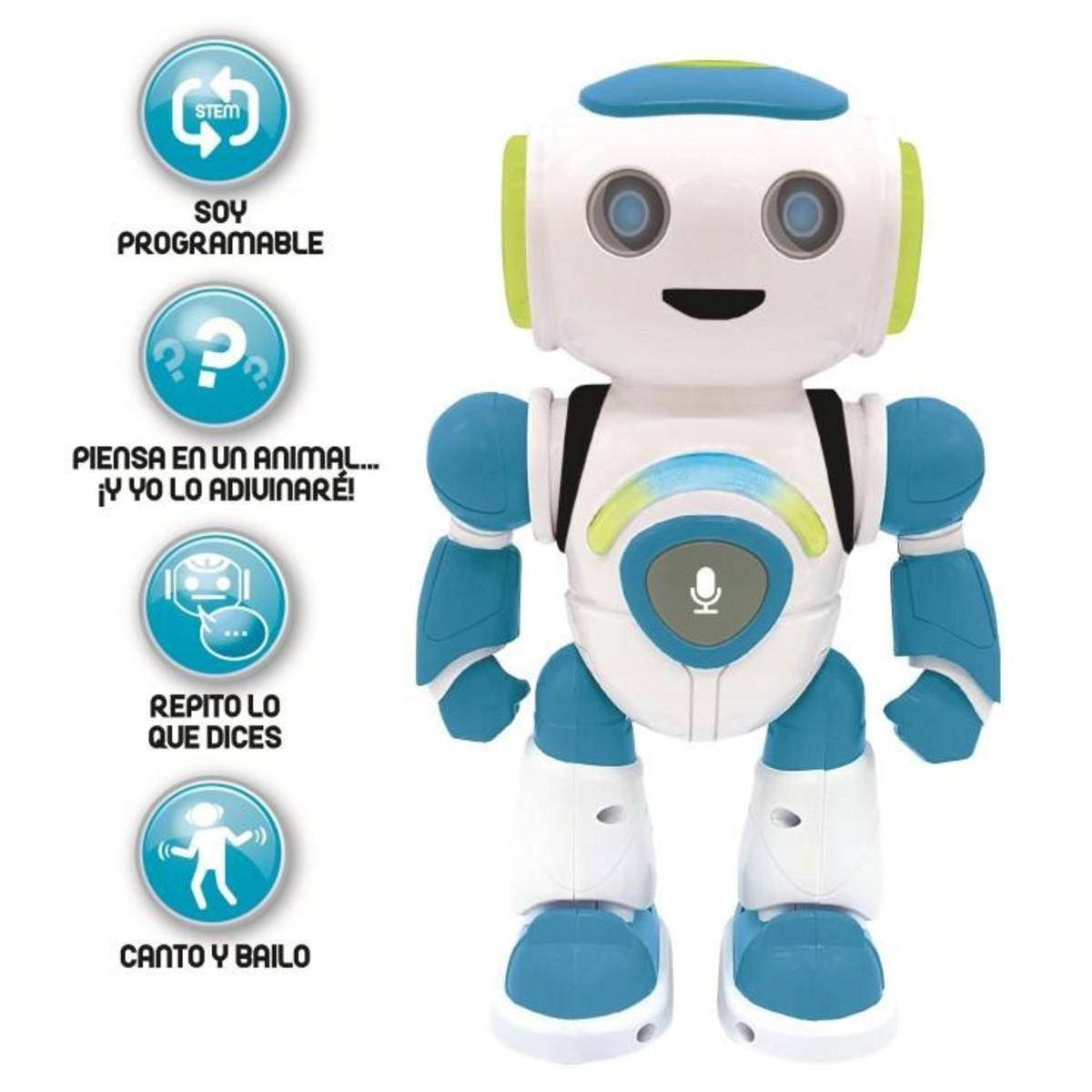 Un robot de juguete blanco y azul con iconos. Tiene una cara amigable y está de pie.