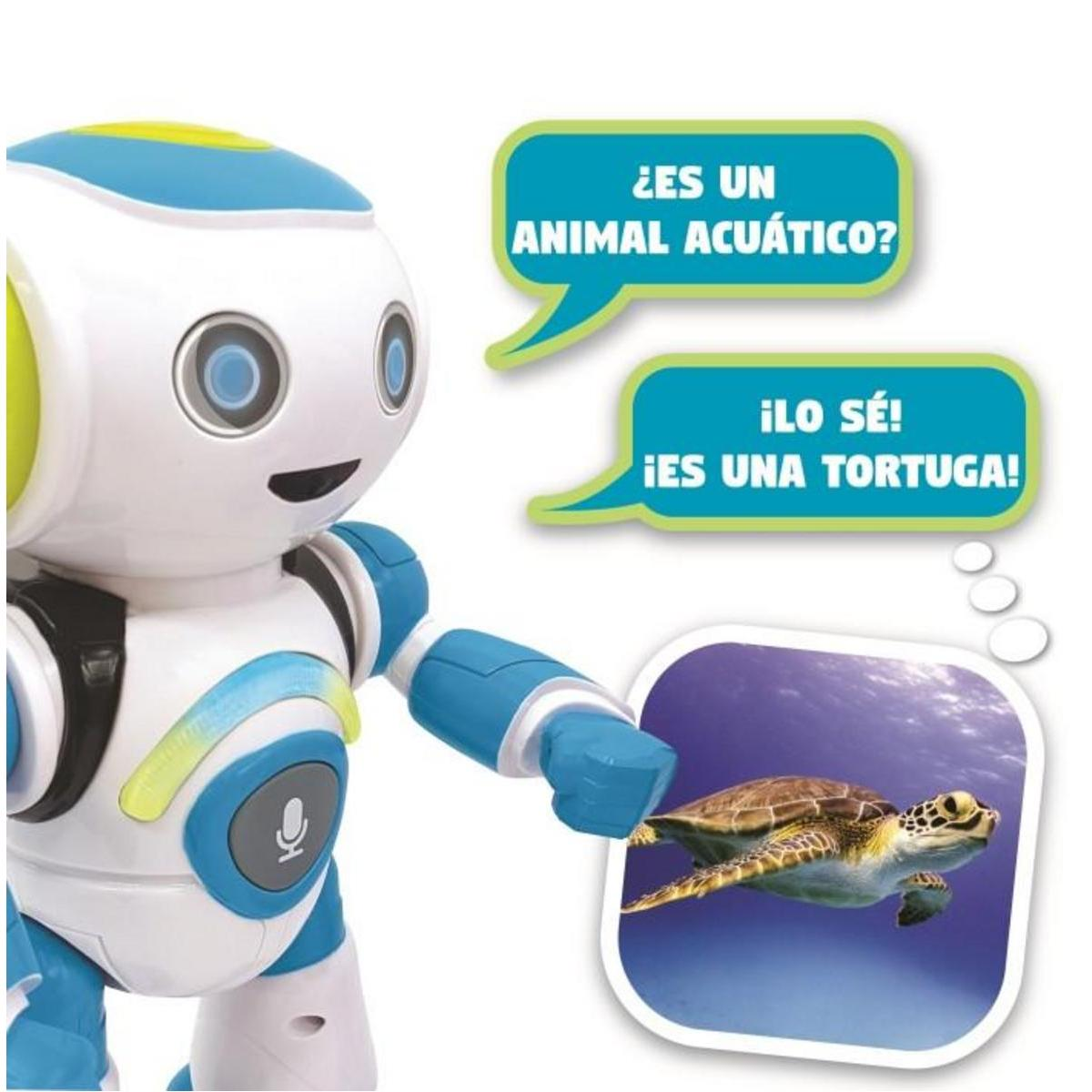 Un juguete robot blanco y azul con bocadillos y una imagen de una tortuga marina.