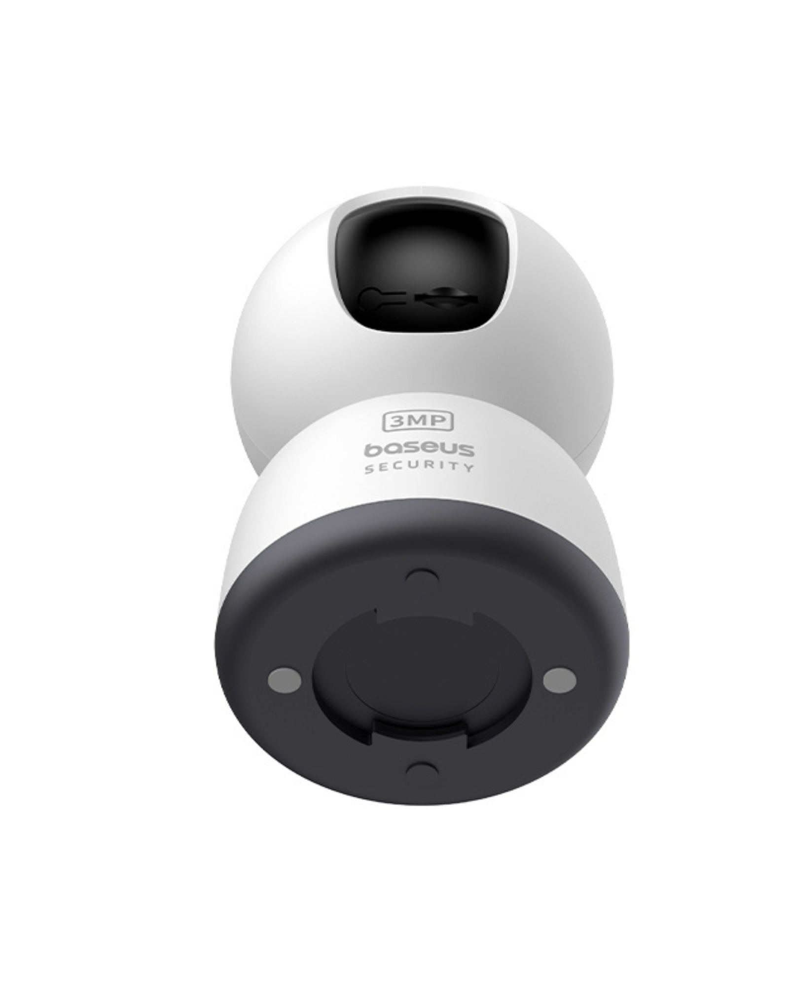 Witte Baseus beveiligingscamera. De basis is zwart en de camerakop is bolvormig.