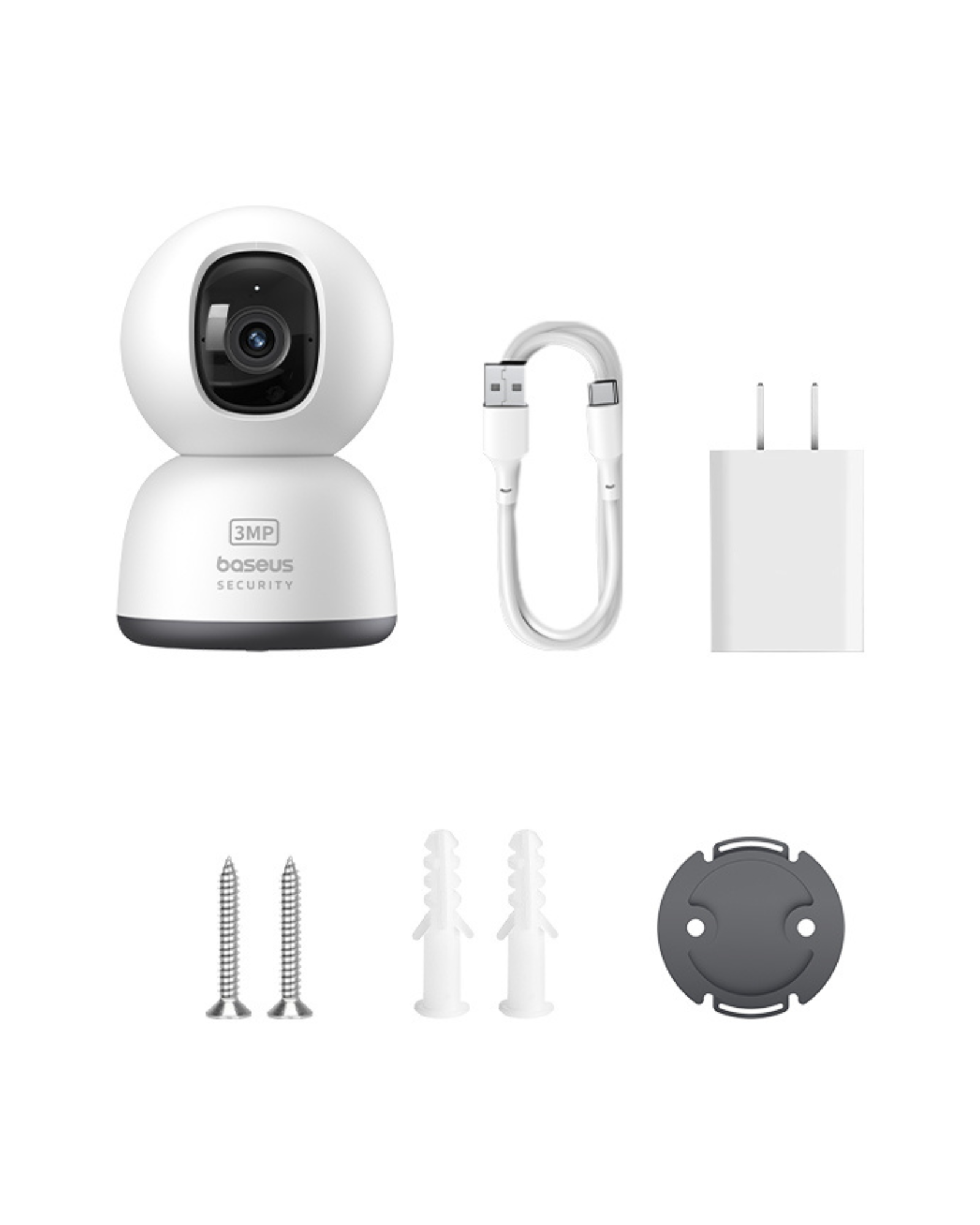 Witte beveiligingscamera met accessoires: USB-kabel, oplader, schroeven en houder. Baseus-beveiligingslogo.