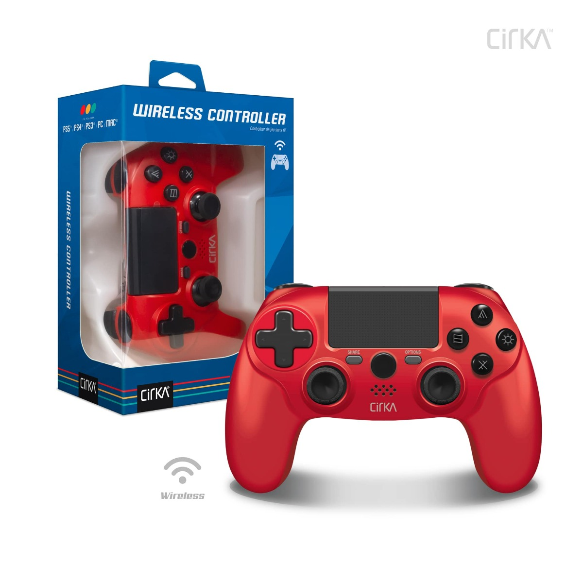 Controller wireless rosso e scatola. Controller davanti, scatola dietro. Controller con pulsanti neri.