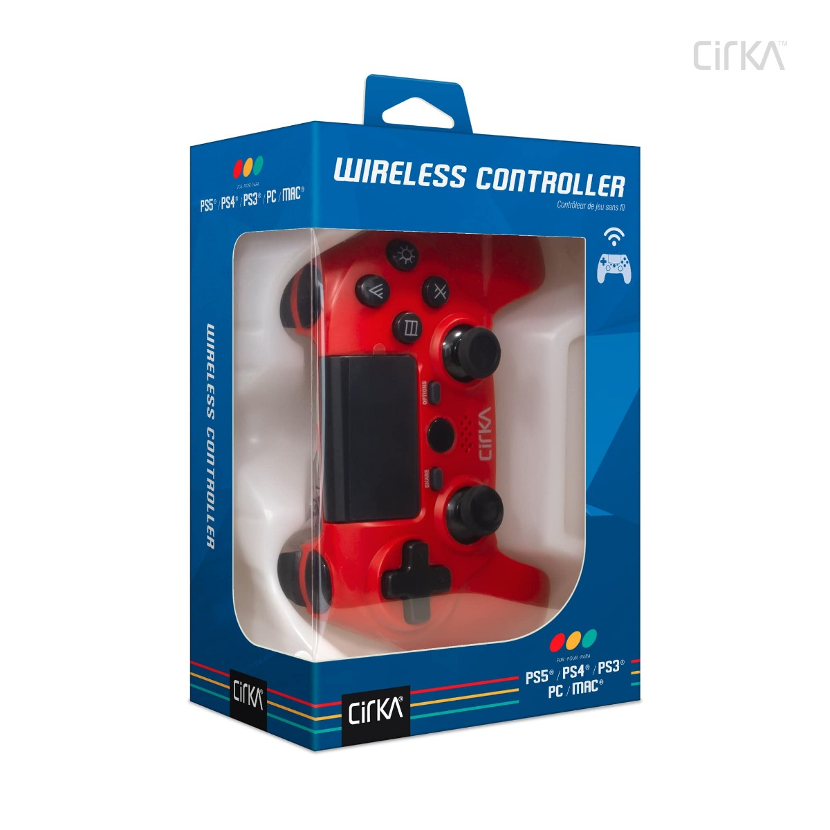 Controller wireless rosso in una scatola blu. È un controller per videogiochi. La scatola ha uno sfondo bianco.