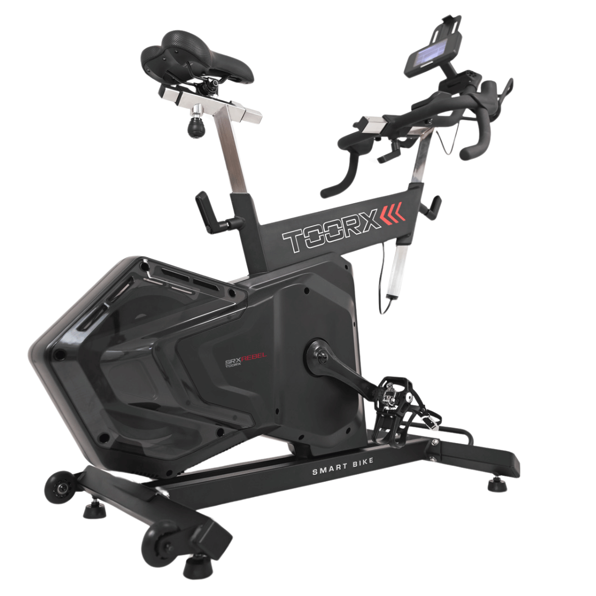 Ein schwarzes stationäres Trainingsfahrrad mit Bildschirm, Pedalen und Lenker.