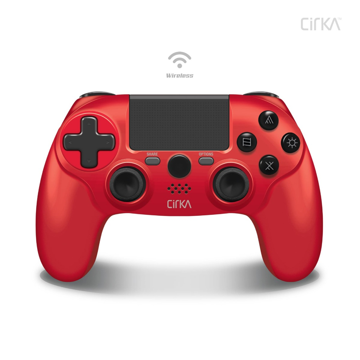 Controller wireless rosso con pulsanti, un pad direzionale e sfondo bianco.
