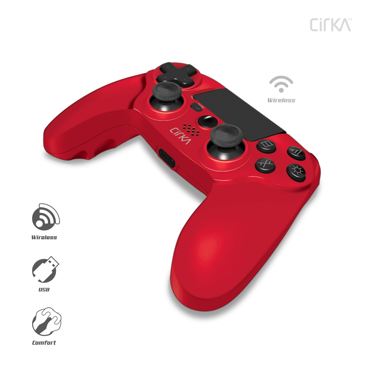Controller wireless rosso con dettagli neri. Ha pulsanti, grilletti e un logo.
