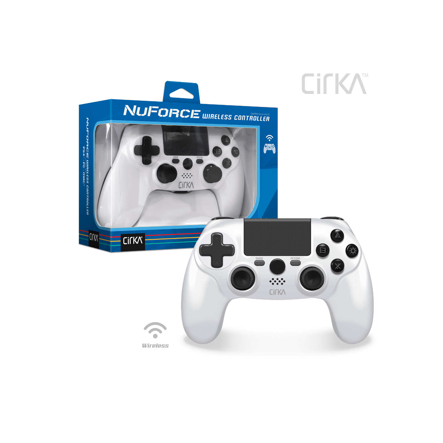 Controller wireless Cirka bianco e la sua scatola. Il controller ha una croce e pulsanti neri.