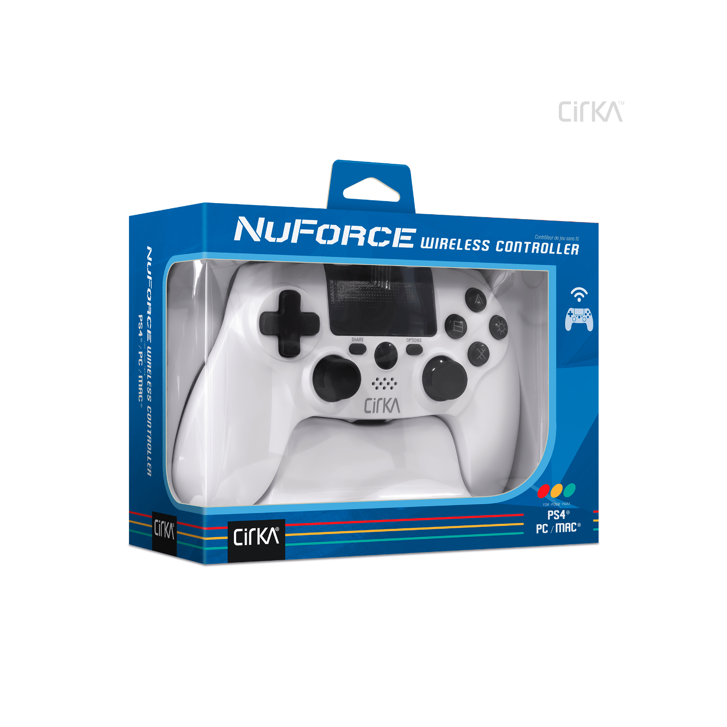 Controller wireless NuForce bianco. Ha un corpo bianco con pulsanti neri e un D-pad in una scatola.