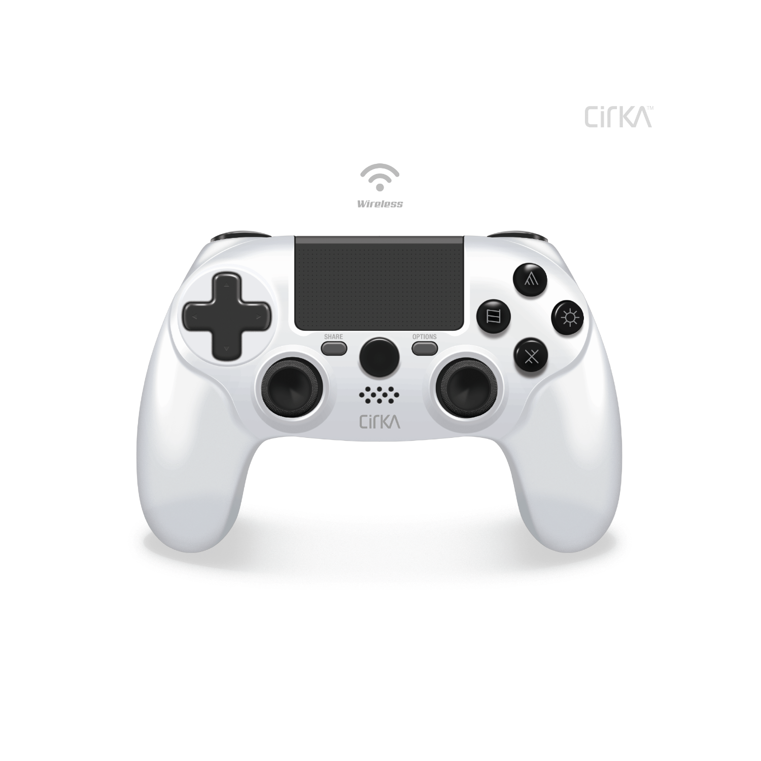 Controller di gioco bianco con pulsanti e touchpad centrale, con la scritta 'cirka'.