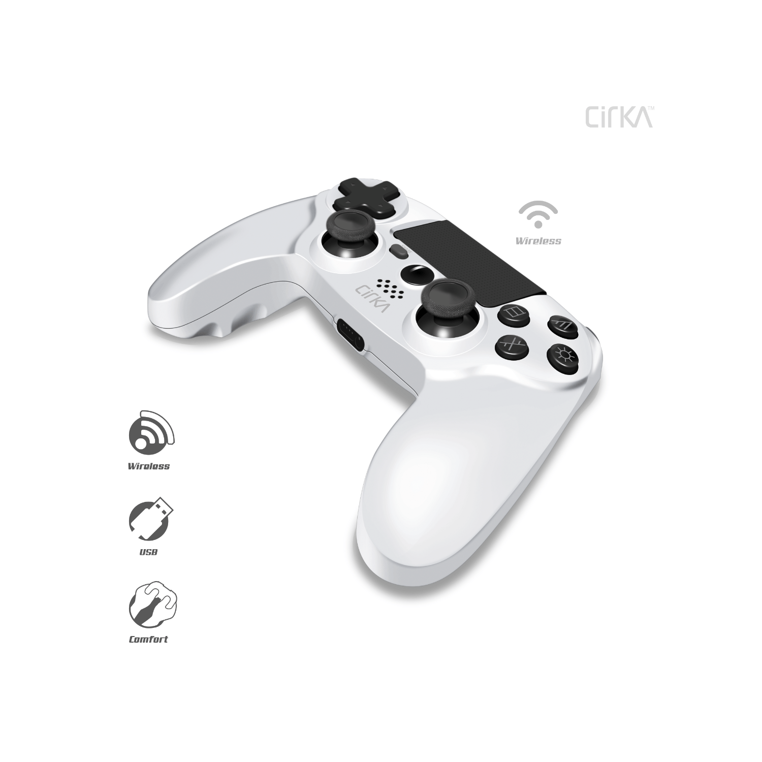 Controller di gioco bianco. Pulsanti, joystick e logo del marchio. Icone di connettività wireless.