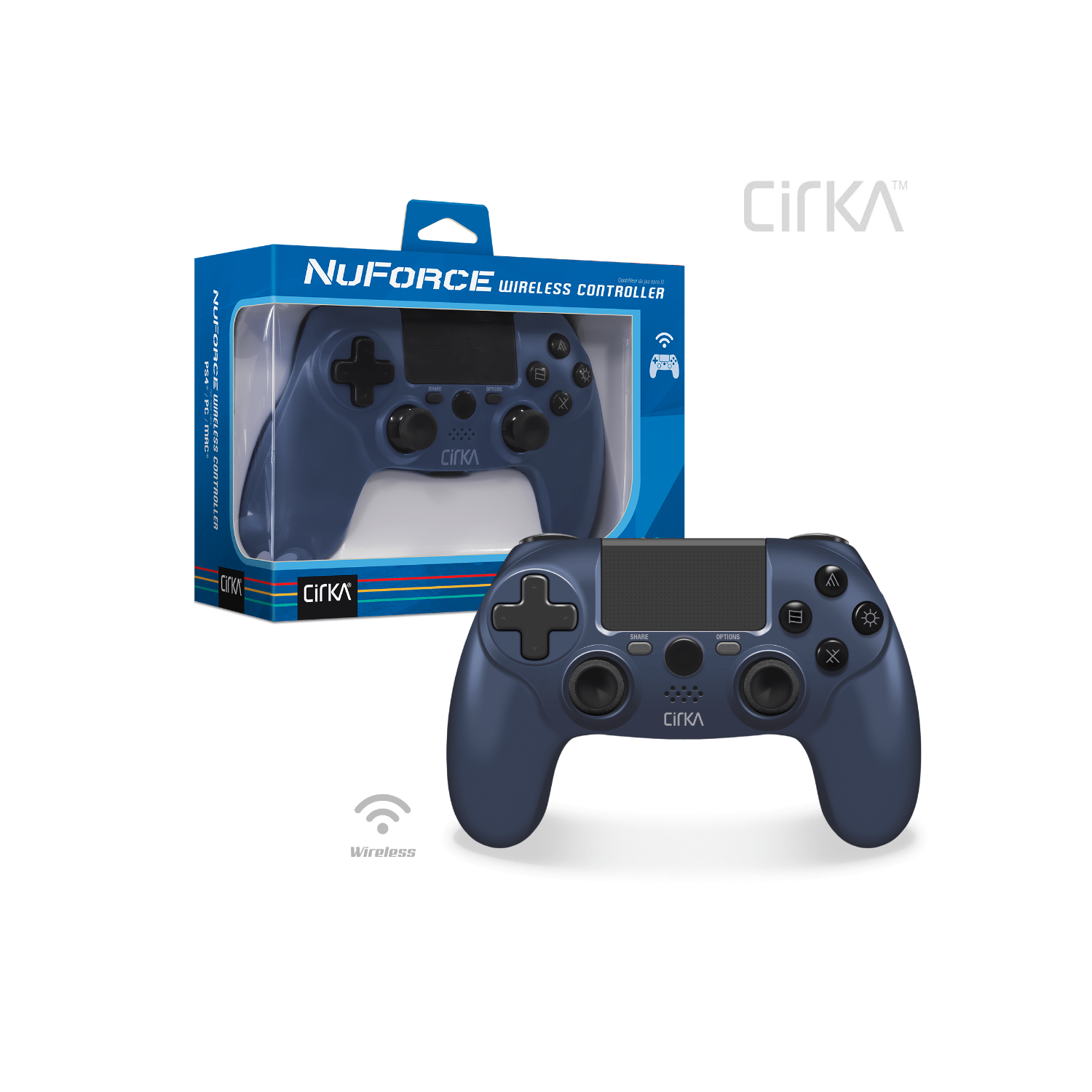 Controller wireless blu per il gaming, in una scatola, con testo e logo.