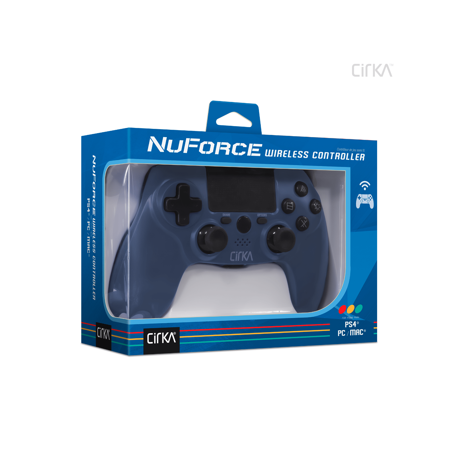 Controller wireless blu in una scatola. È un controller per videogiochi. La scatola ha uno sfondo bianco.