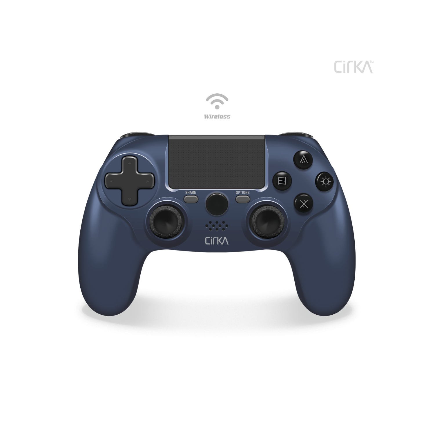 Controller wireless Cirka blu. Ha una croce e pulsanti neri. Simbolo wireless visibile.