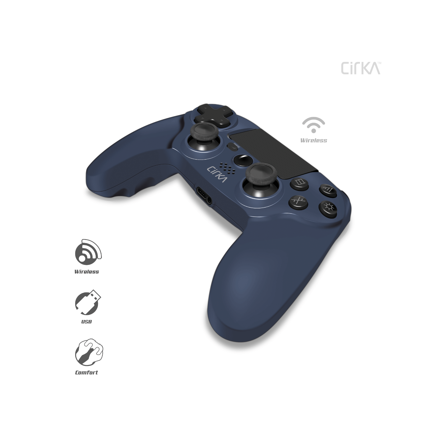 Controller wireless blu con dettagli neri, pulsanti e un logo su sfondo scuro.