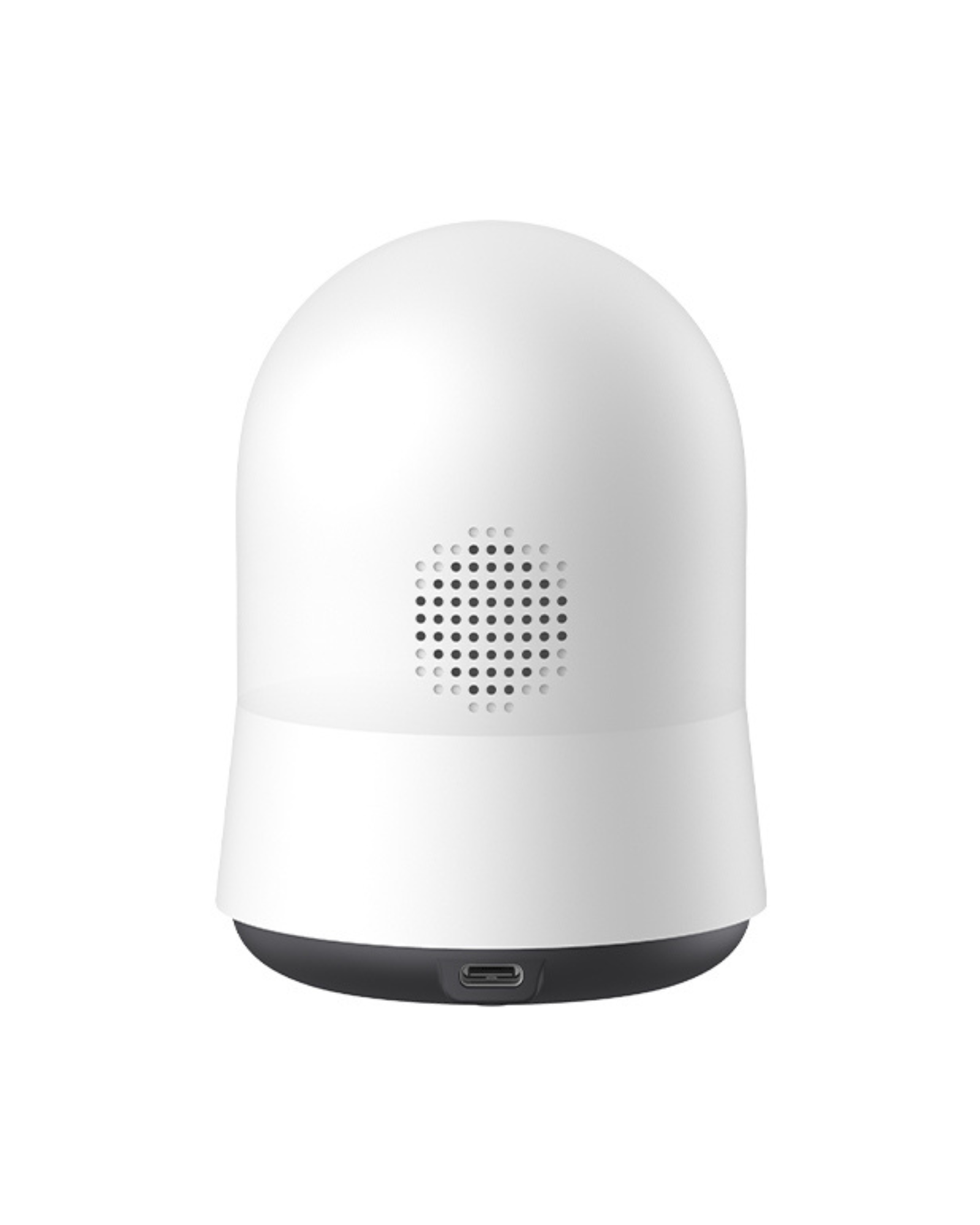 Witte beveiligingscamera met afgeronde boven- en onderkant, een luidsprekerrooster en USB-poort.
