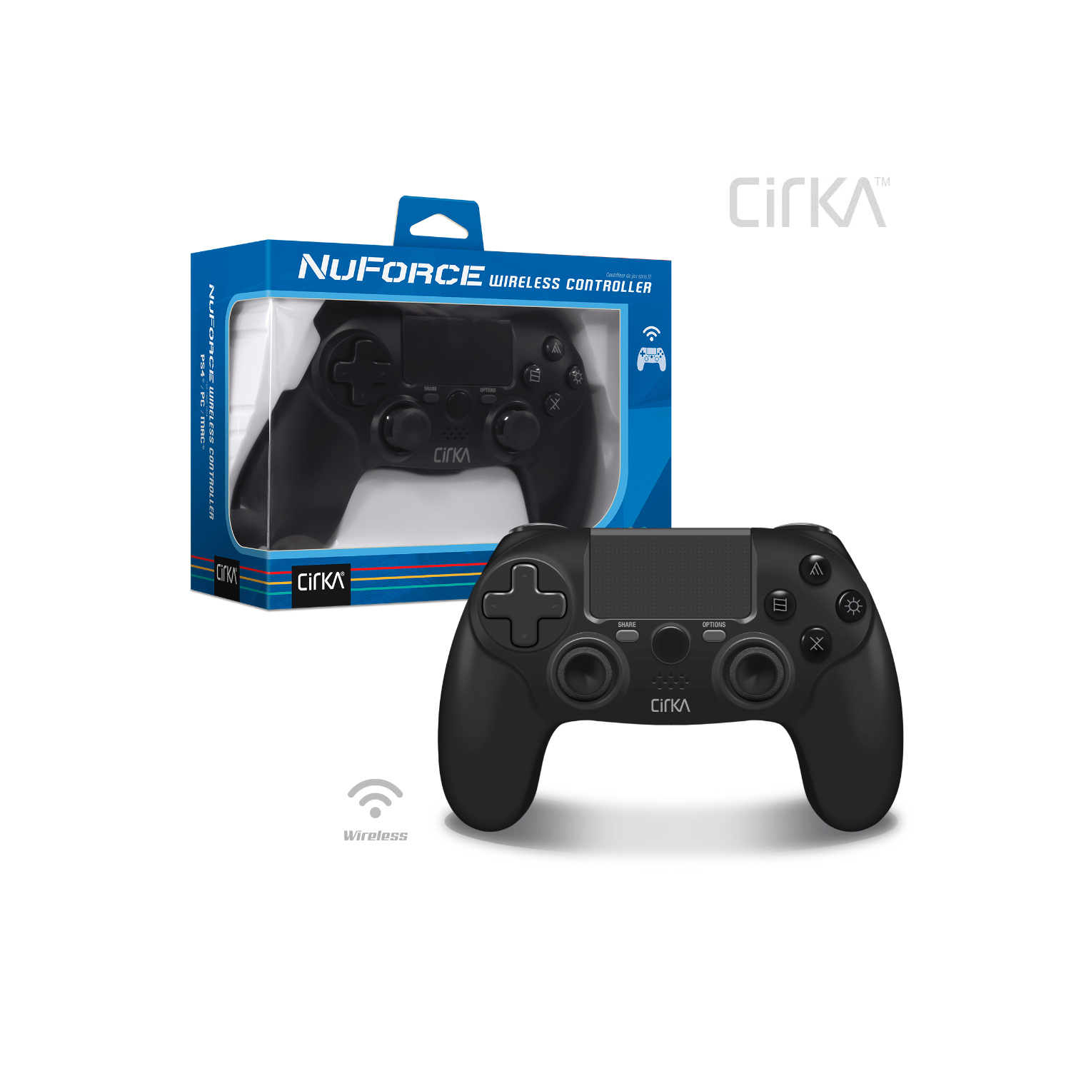 Controller di gioco nero e la sua scatola. Controller wireless con pulsanti e logo del marchio. La scatola è blu.