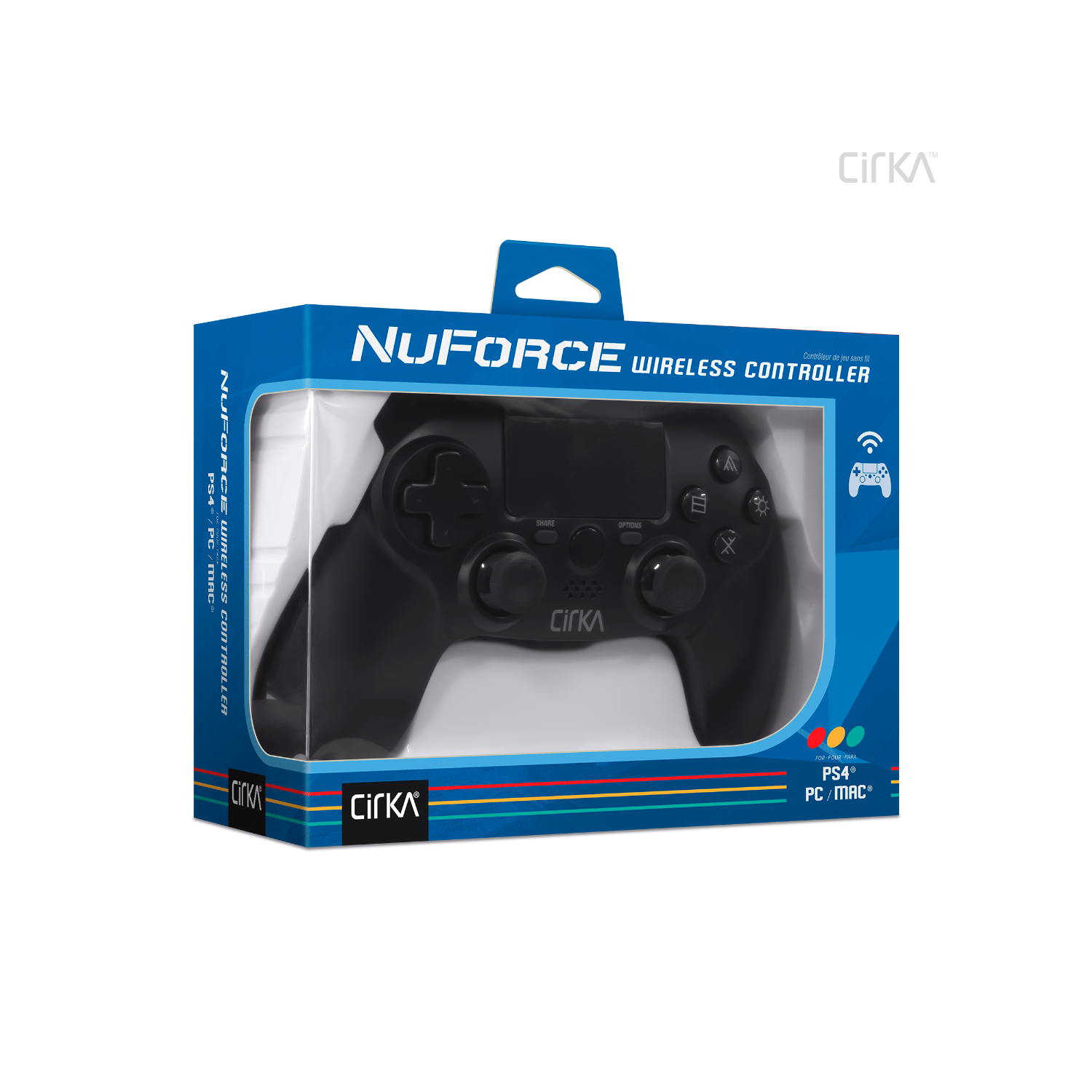 Controller di gioco nero confezionato in una scatola blu con il marchio 'cirka'.
