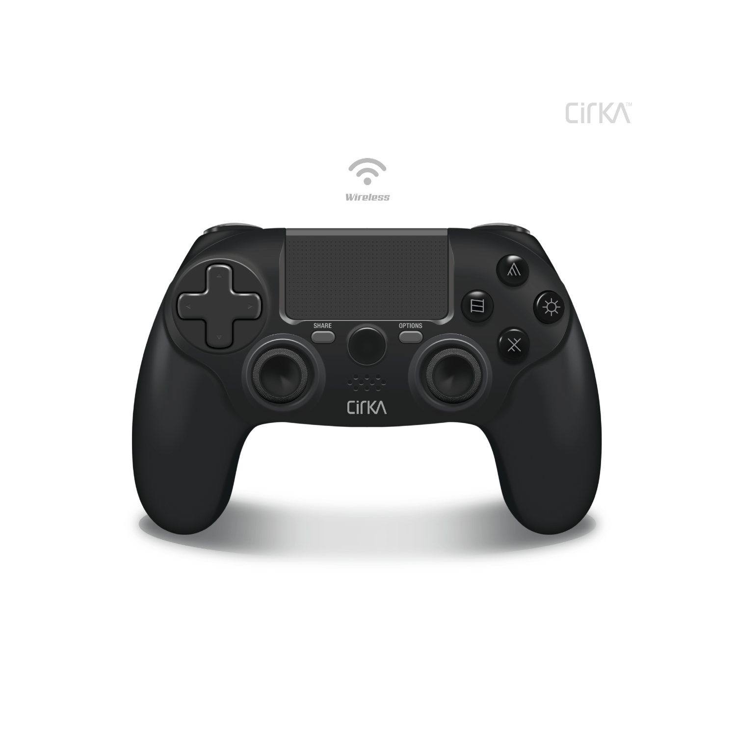 Gamepad nero con pulsanti e touchpad. Il marchio è CIRKA.