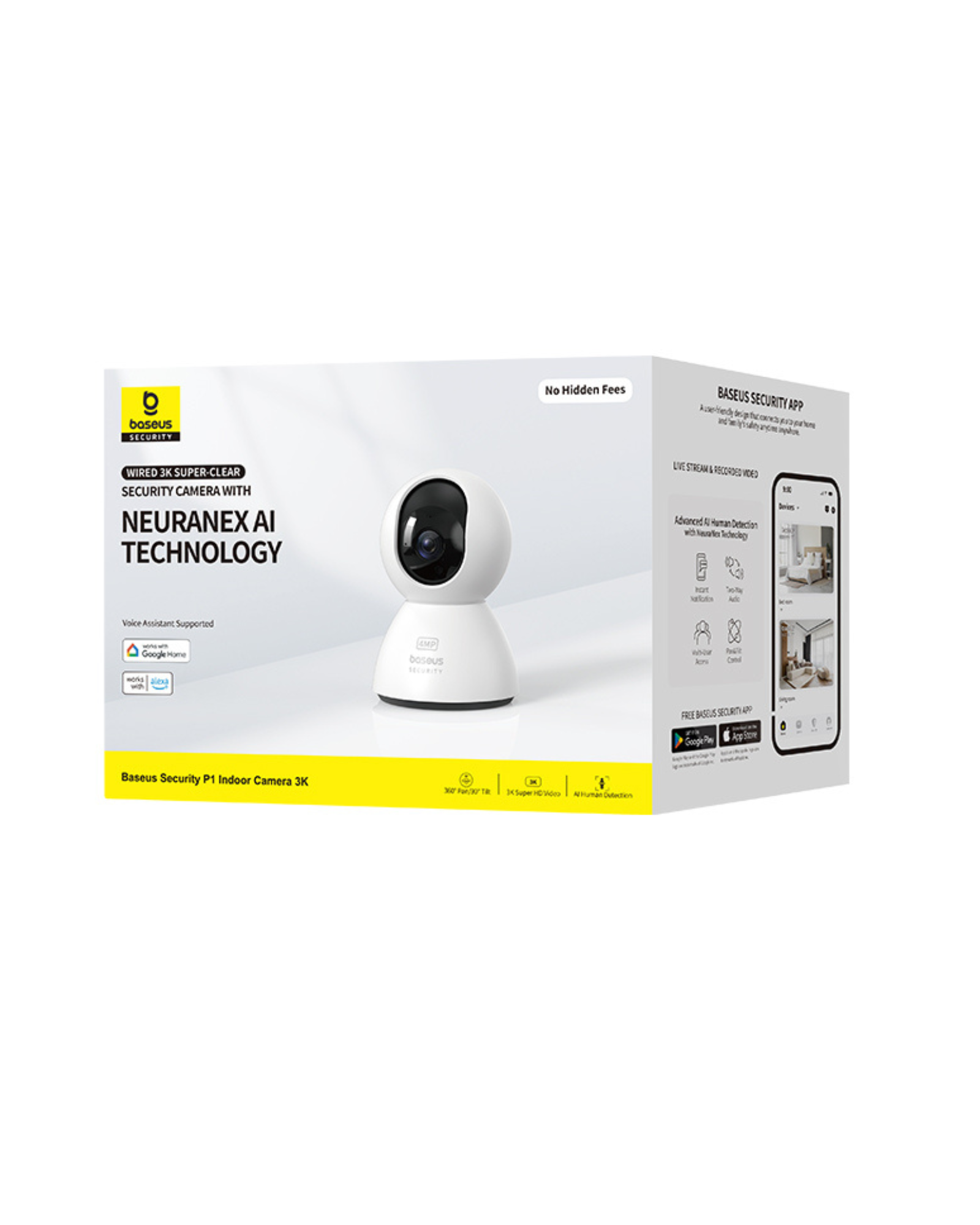 Een witte beveiligingscamera met een zwarte lens voor een doos met tekst, op een witte achtergrond.
