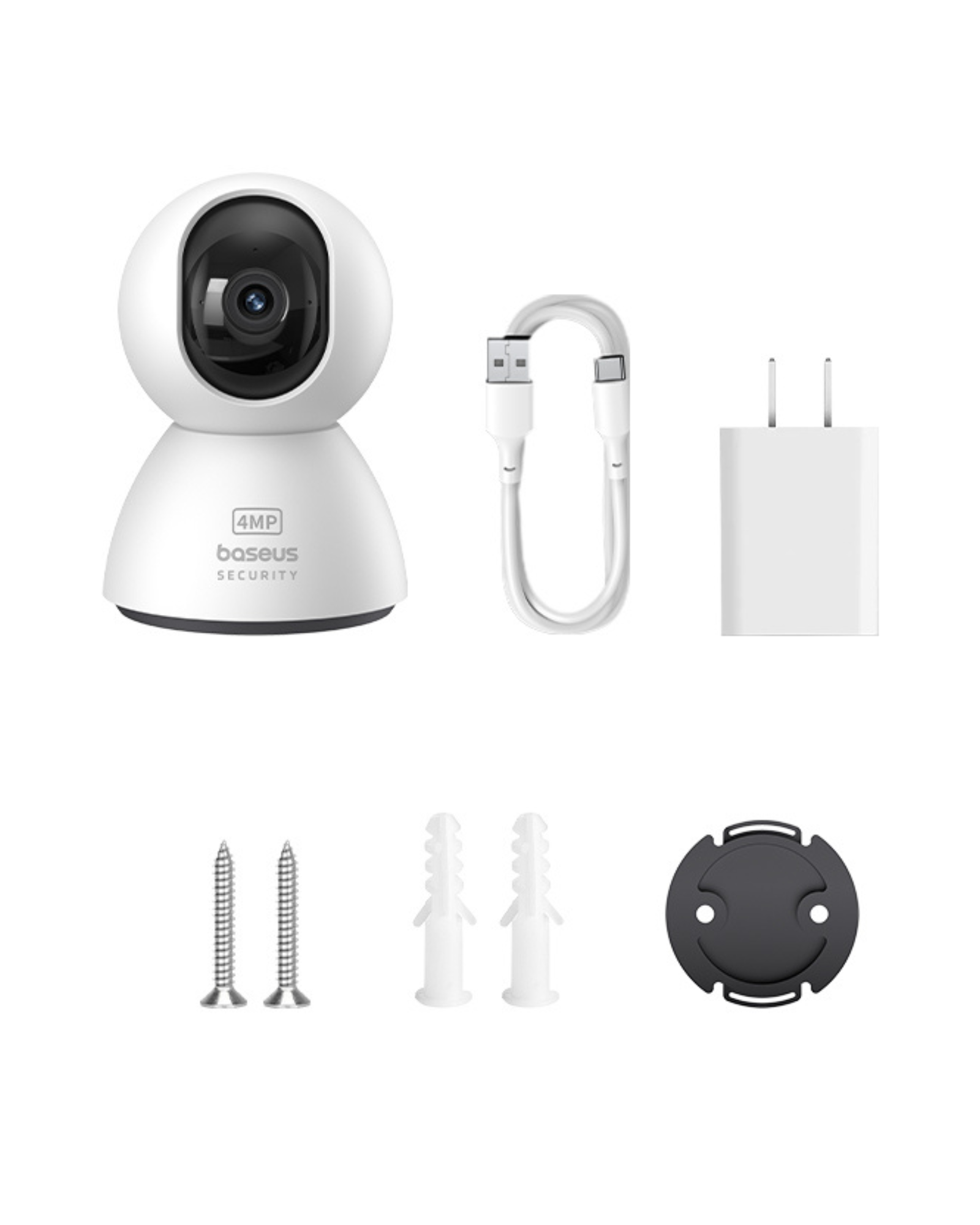 Een witte beveiligingscamera met een 4MP-label, een oplaadadapter, schroeven en montageaccessoires.