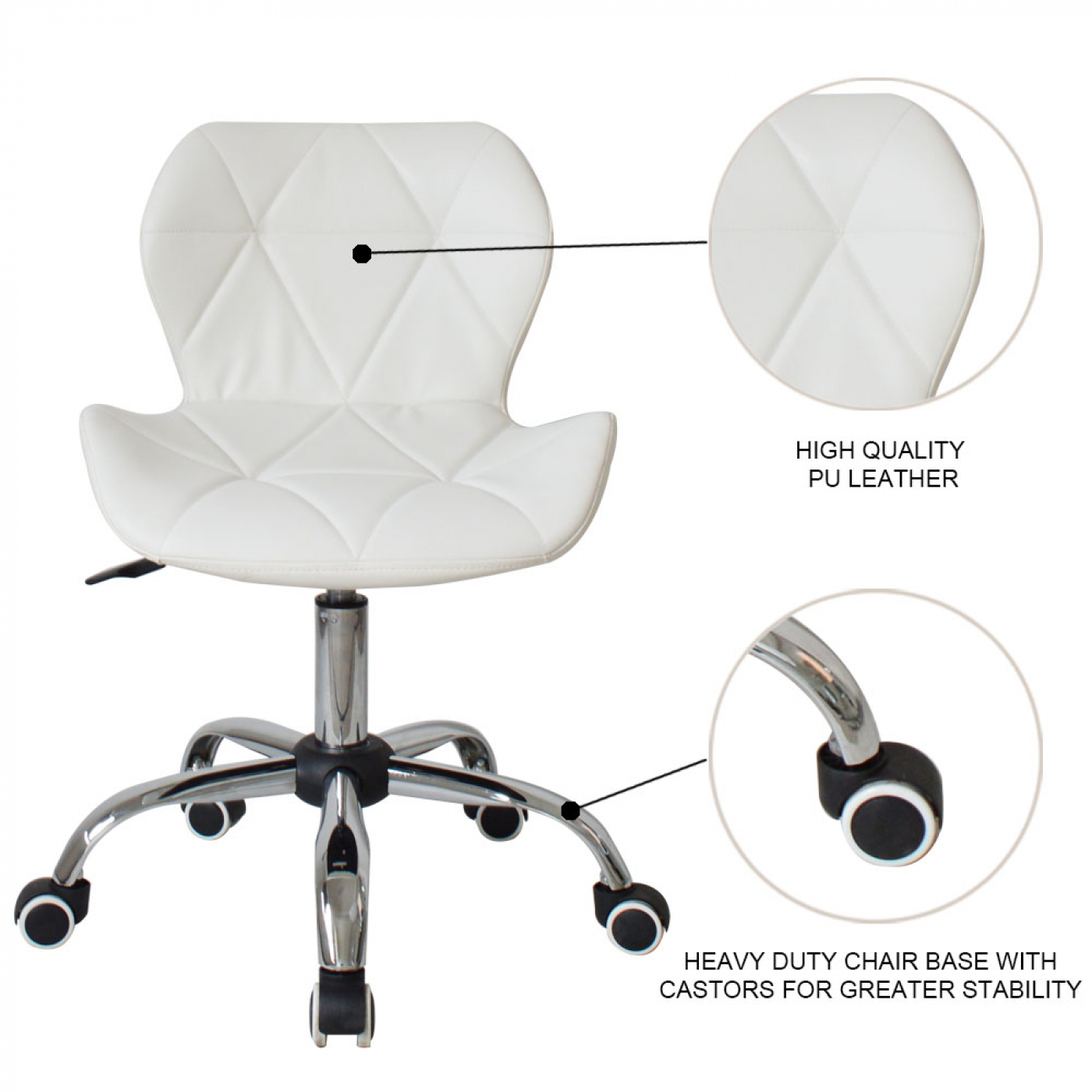 A white office chair with a heavy-duty base and a close-up of the PU leather.