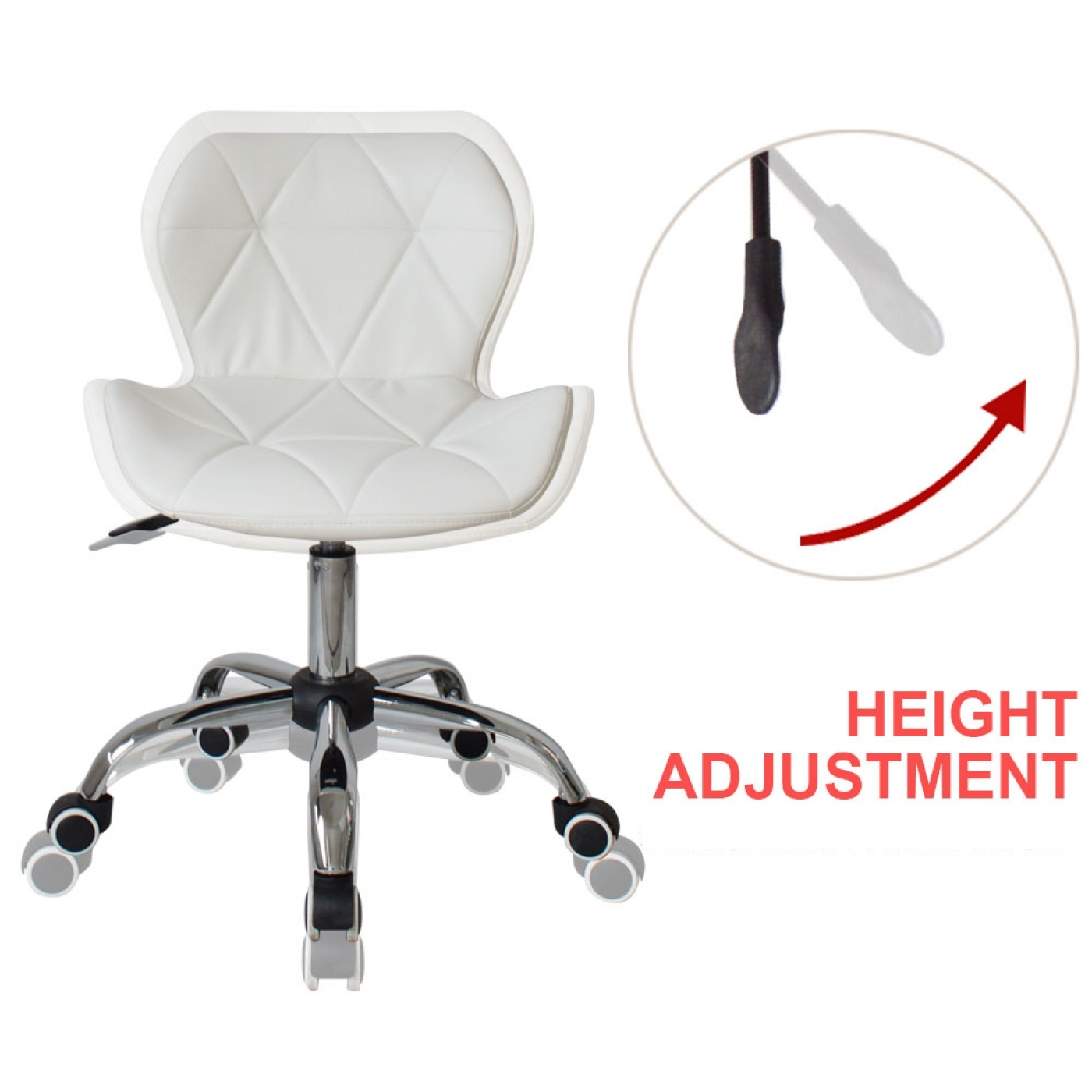 A white office chair with a white back, the height is adjusted with a lever.
