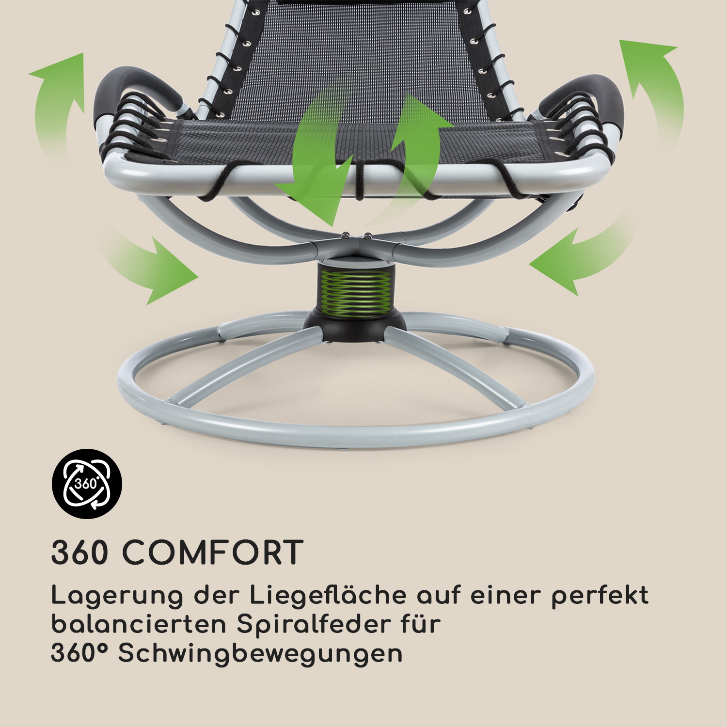 Una silla gris y negra con flechas verdes, diseñada para un movimiento de 360 grados.