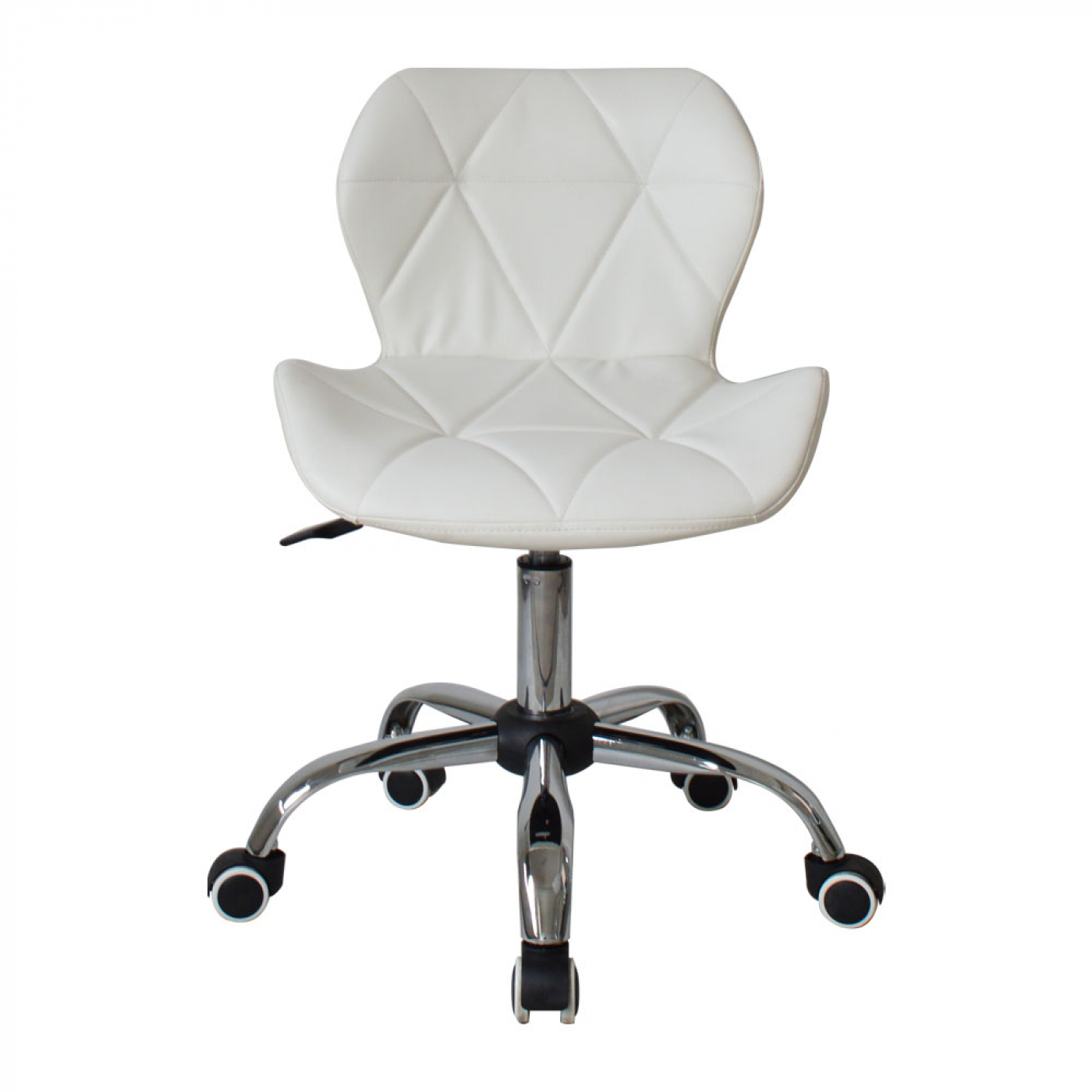White office chair with a diamond-patterned back and chrome base with wheels on white background.