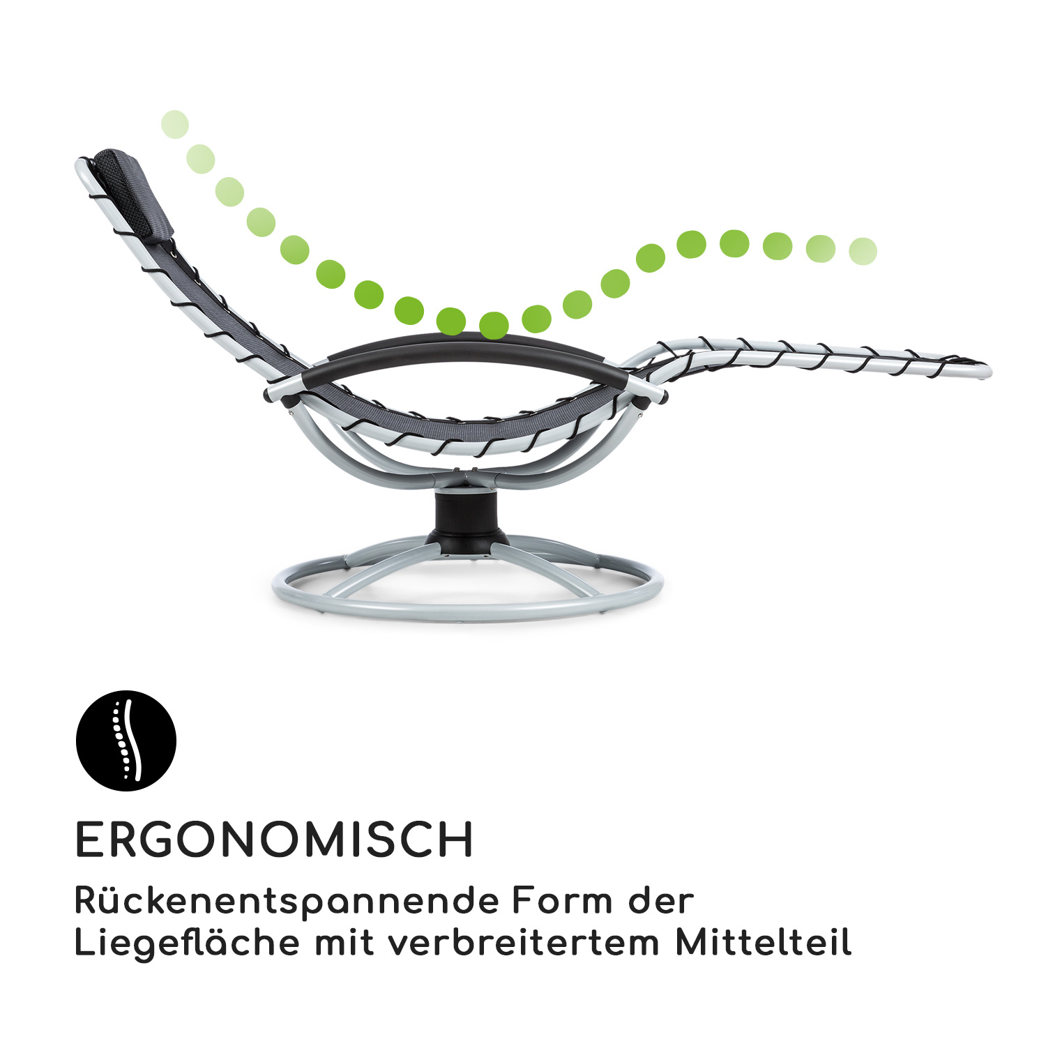 Silla con estructura negra y asiento de malla gris. El texto dice "Ergonómico" y "Forma que cuida la espalda..."