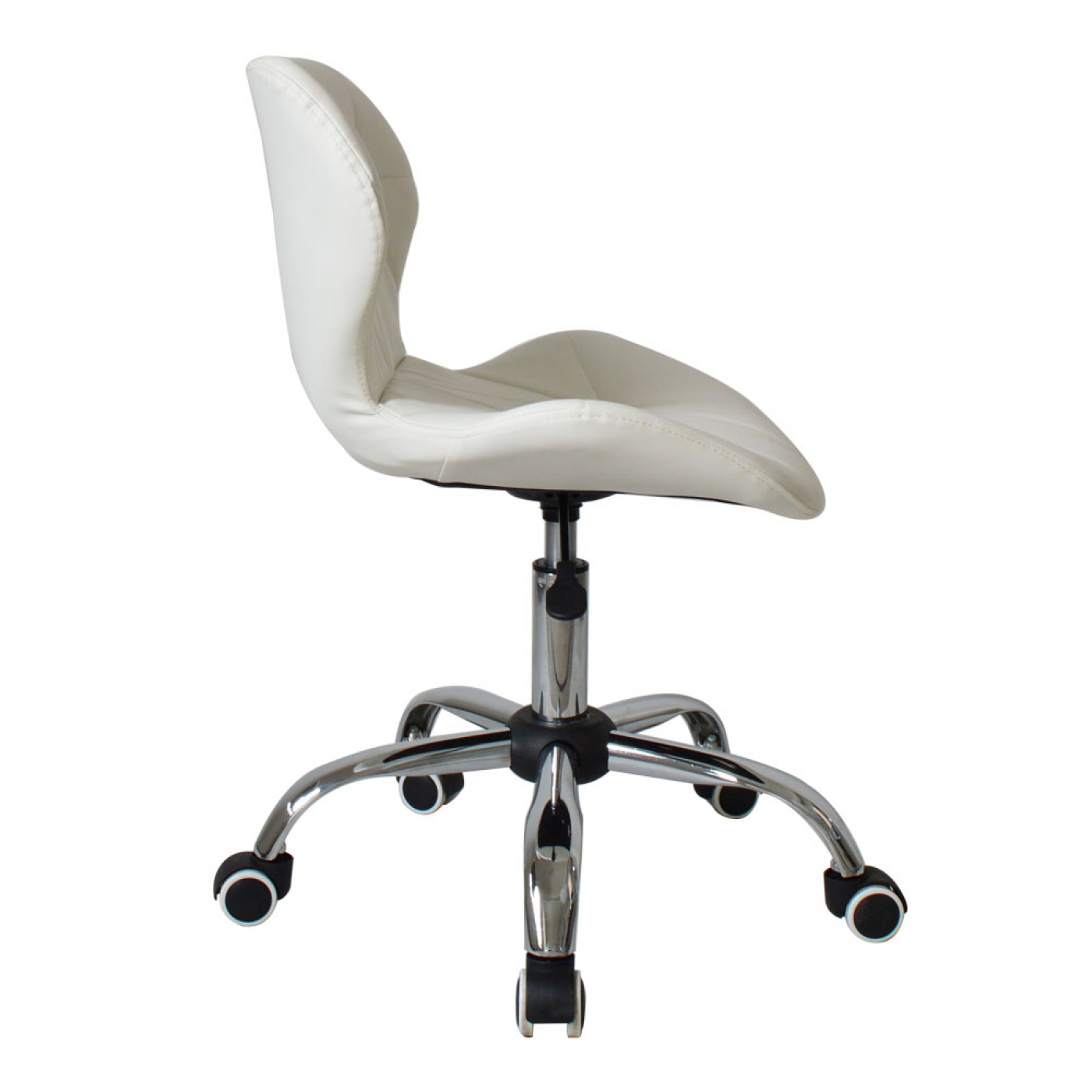 White office chair with a curved back and chrome base. The chair is on a white background.