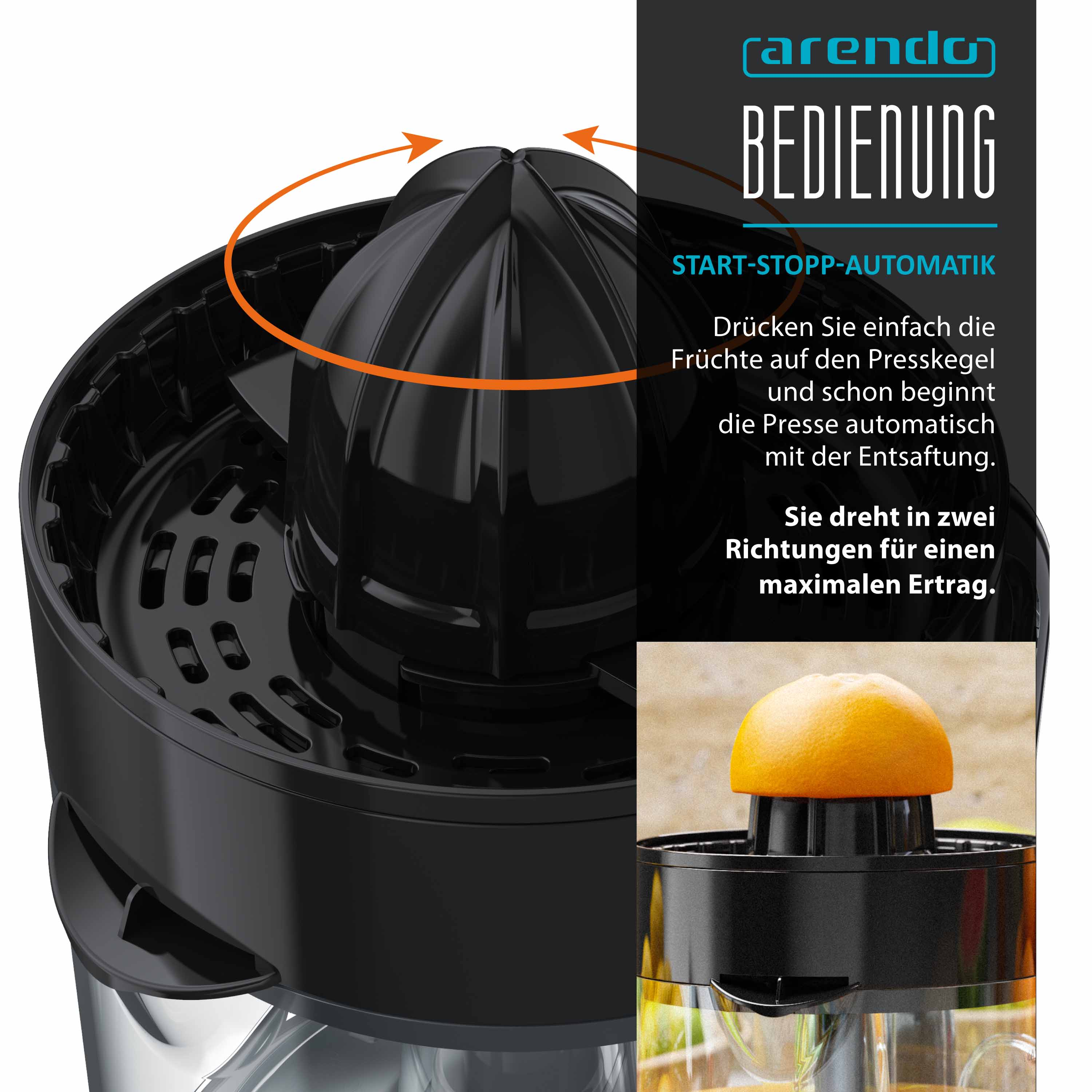Schwarze Zitruspresse mit Orange auf dem Reiber, die Bedienung zeigend.