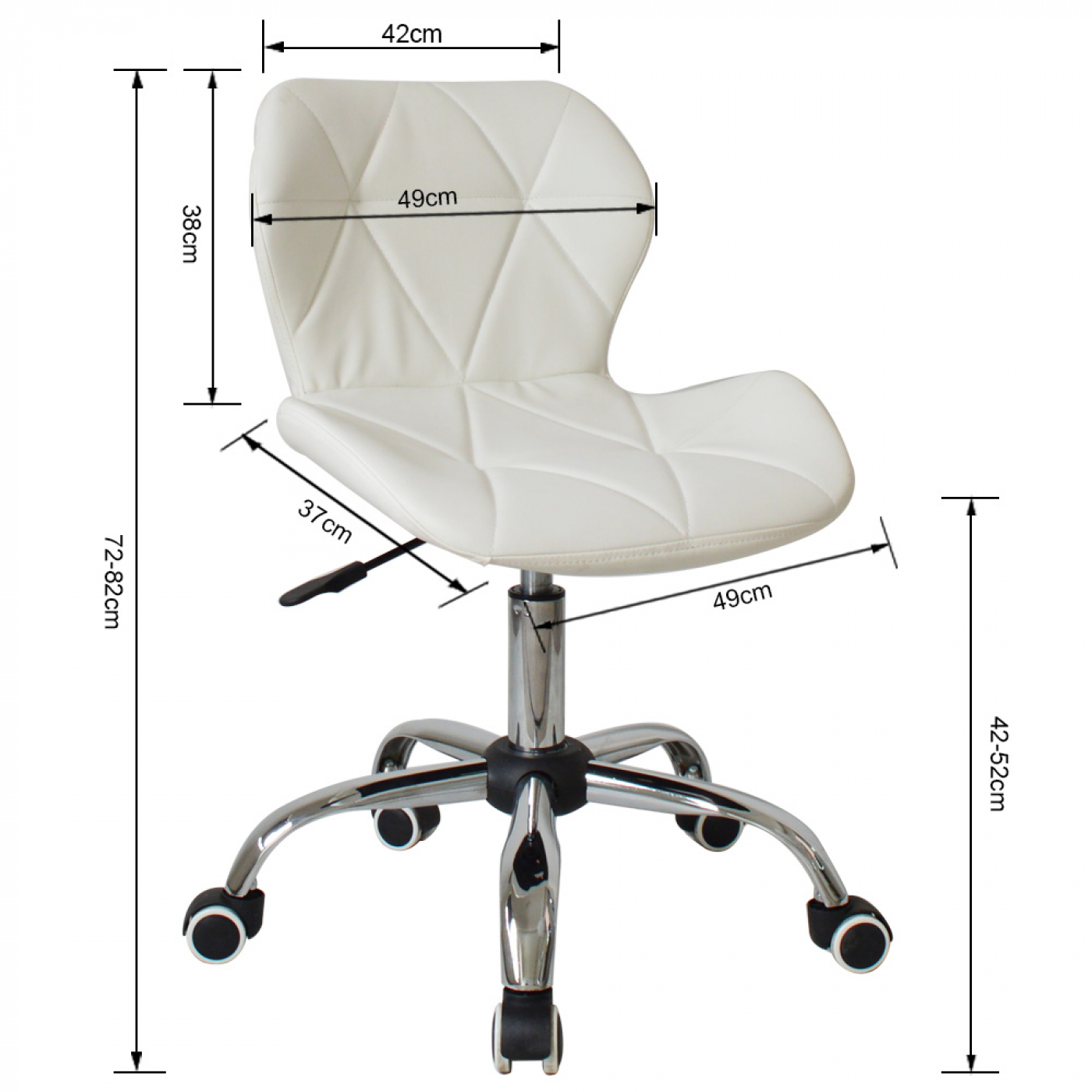 White and silver office chair with dimensions and a white background.