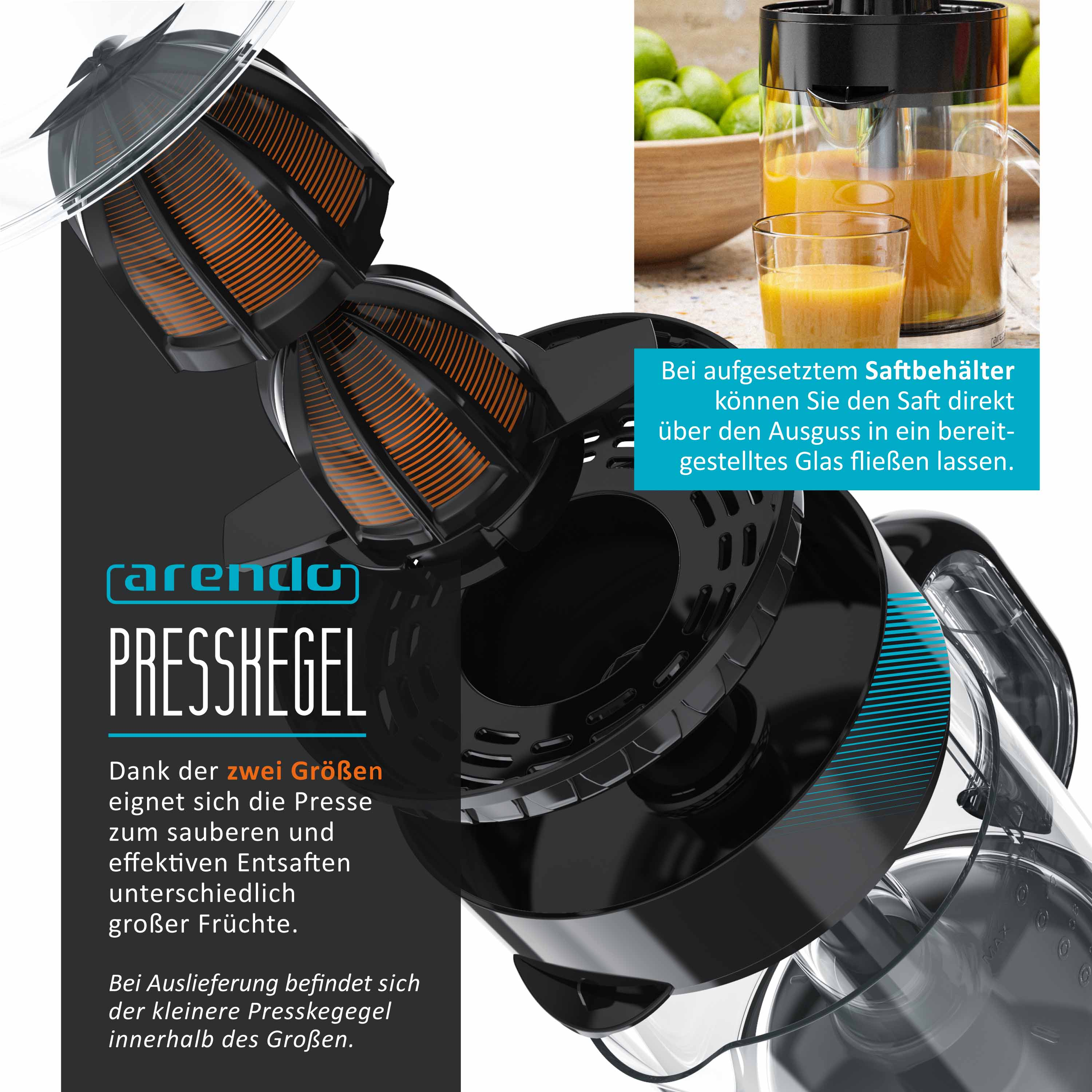 Entsafter mit zerlegten Teilen, die den Presskegel und ein Glas Saft zeigen.