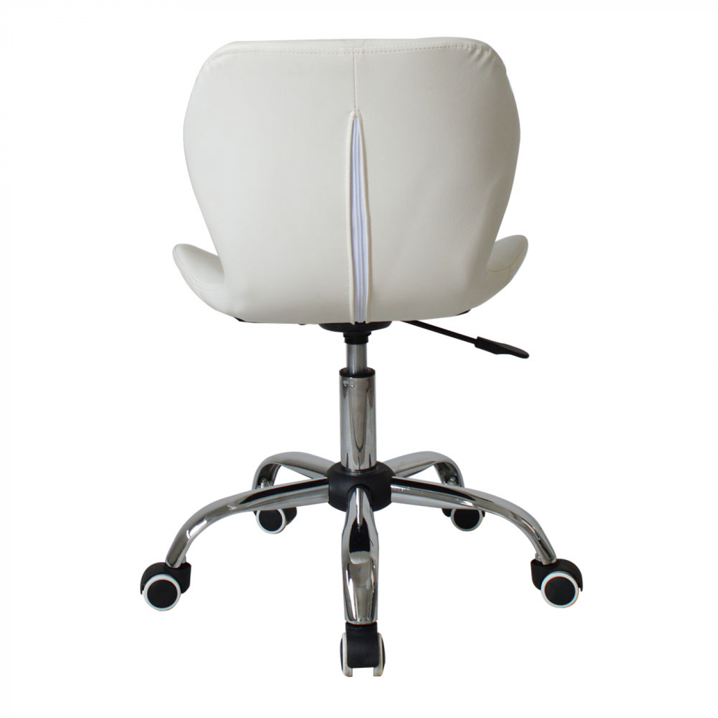 A white office chair seen from the back, with a chrome base and wheels.