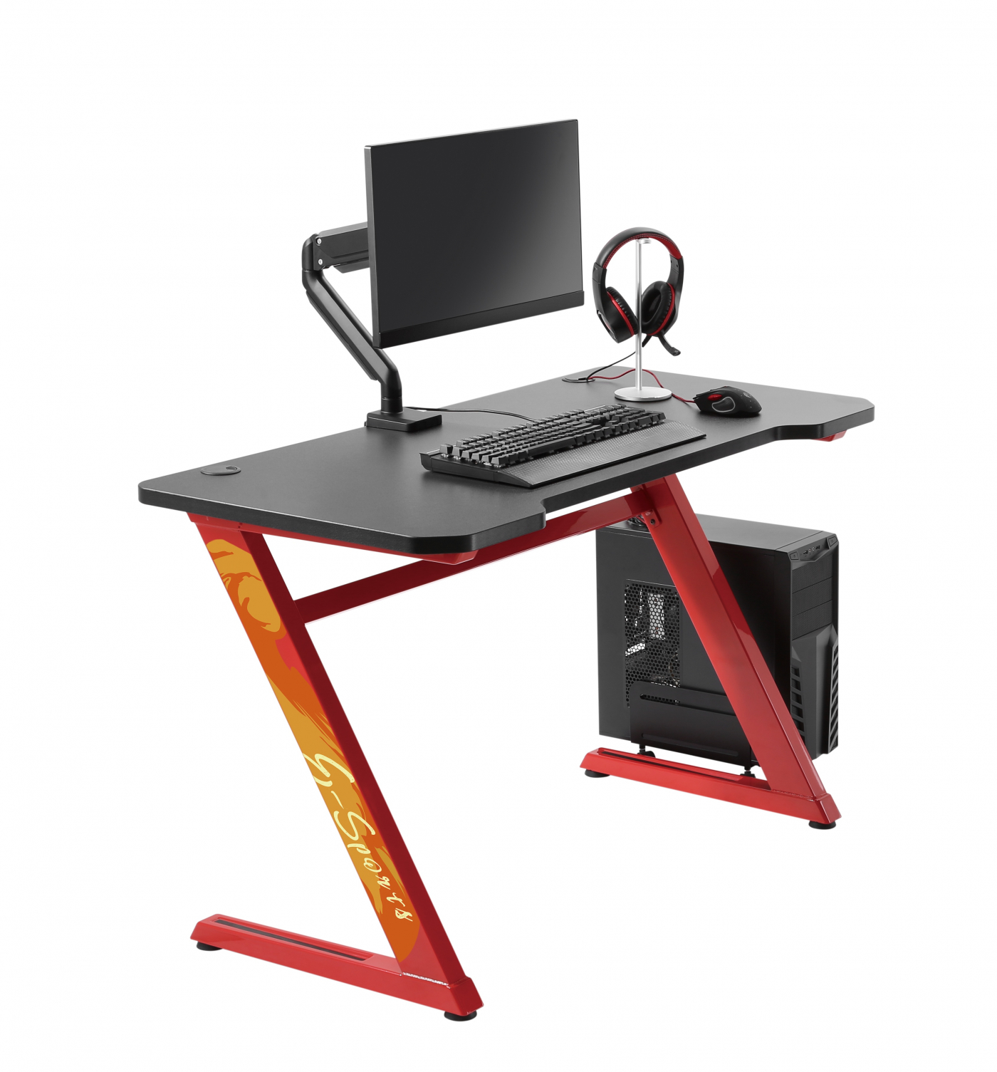Gaming-Schreibtisch mit Monitor, Tastatur, Maus, Headset und PC. Der Schreibtisch ist rot und schwarz.