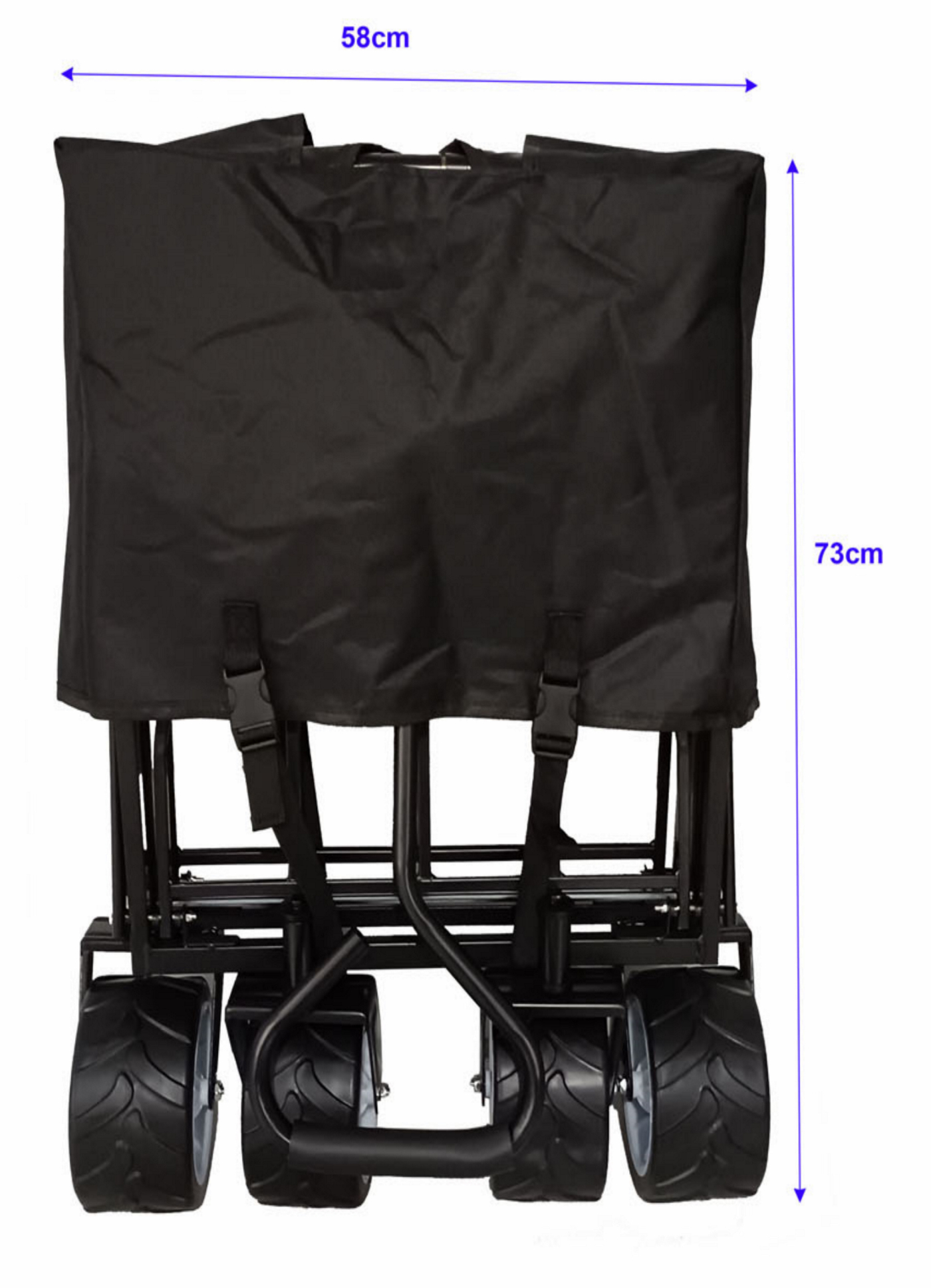 Zwarte opvouwbare wagen. Afmetingen 58x73cm. Zwarte stoffen hoes. Zwarte handgreep en wielen.