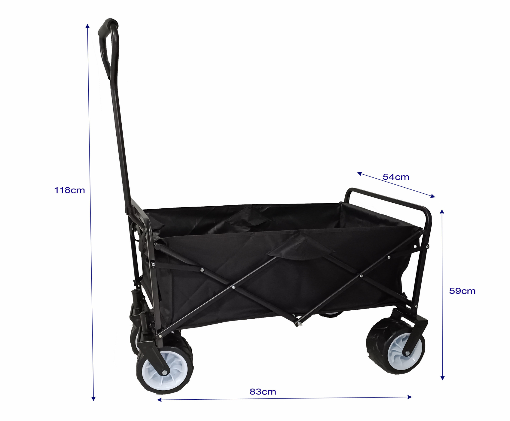 Zwarte opvouwbare bolderkar met afmetingen: 118cm hoog, 83cm lang, 59cm hoog, 54cm breed.