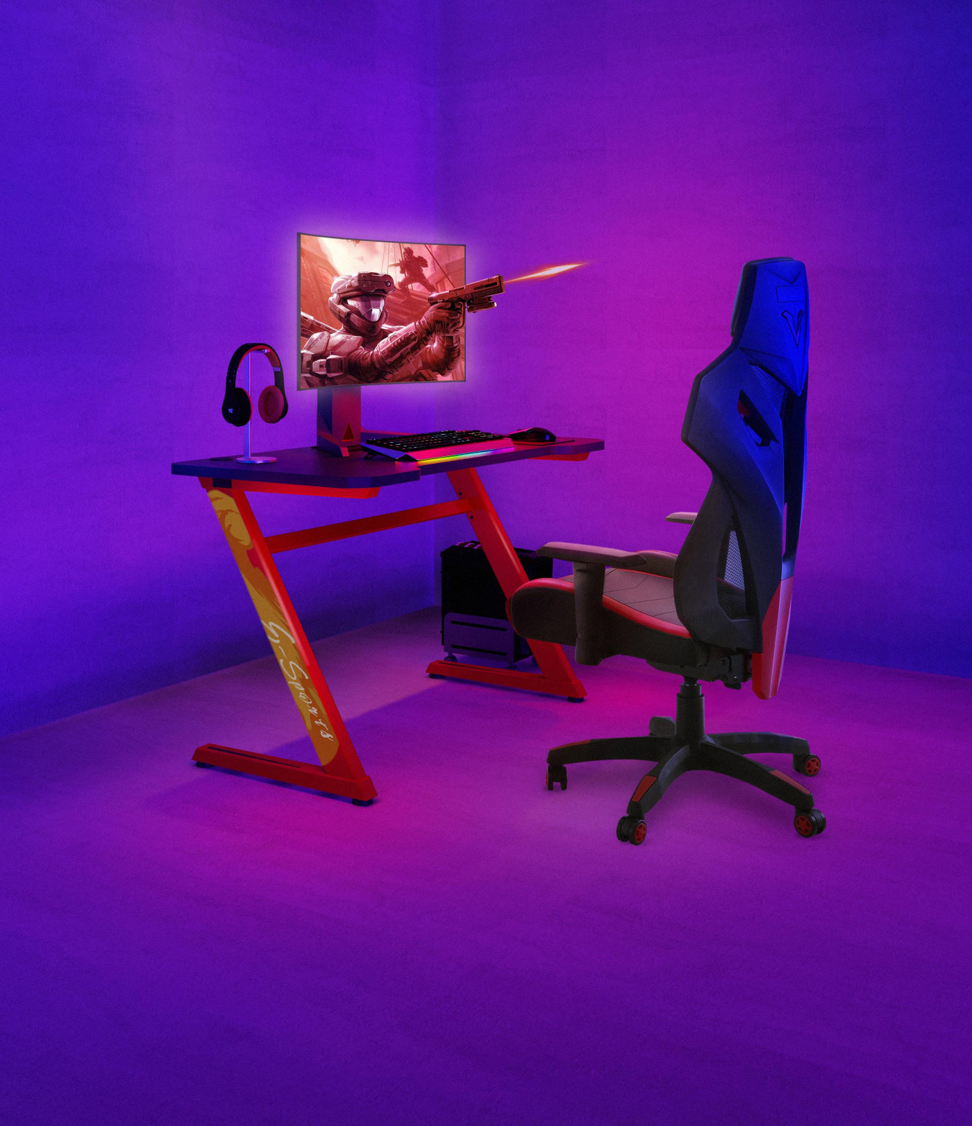 Gaming-Setup mit Schreibtisch, Stuhl, Monitor mit Spiel, Kopfhörern und einem PC-Tower.