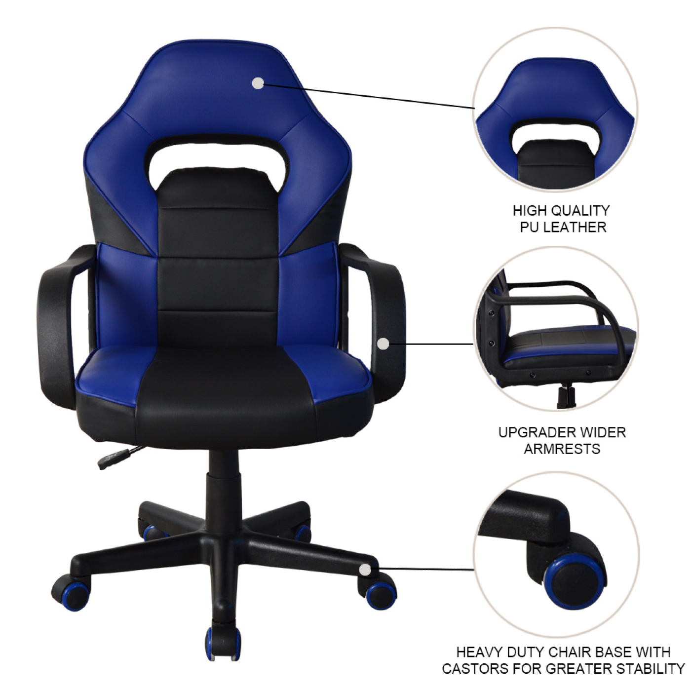 Een blauw-zwarte gamingstoel met details van hoogwaardig PU-leer en armleuningen.