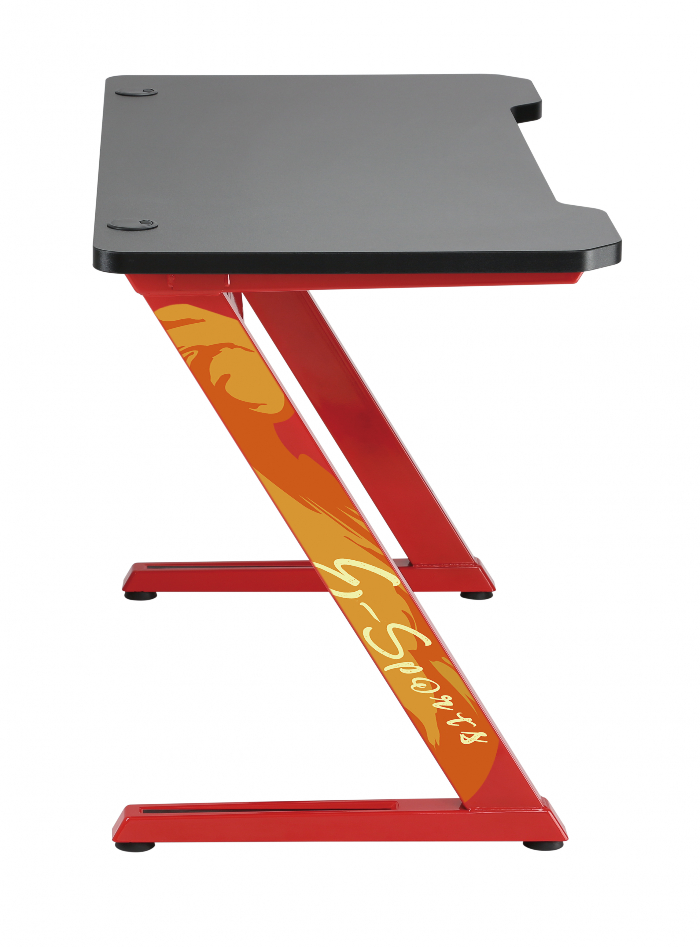 Roter Gaming-Schreibtisch mit schwarzer Oberseite, roten Beinen und Z-förmigem Design mit orangefarbenen Grafiken.