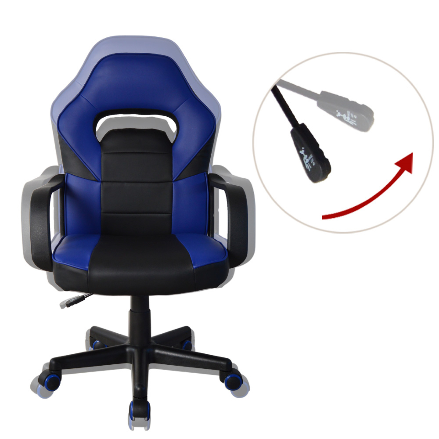 Blauwe en zwarte gamestoel met wielen, en een hendel met een rode pijl.