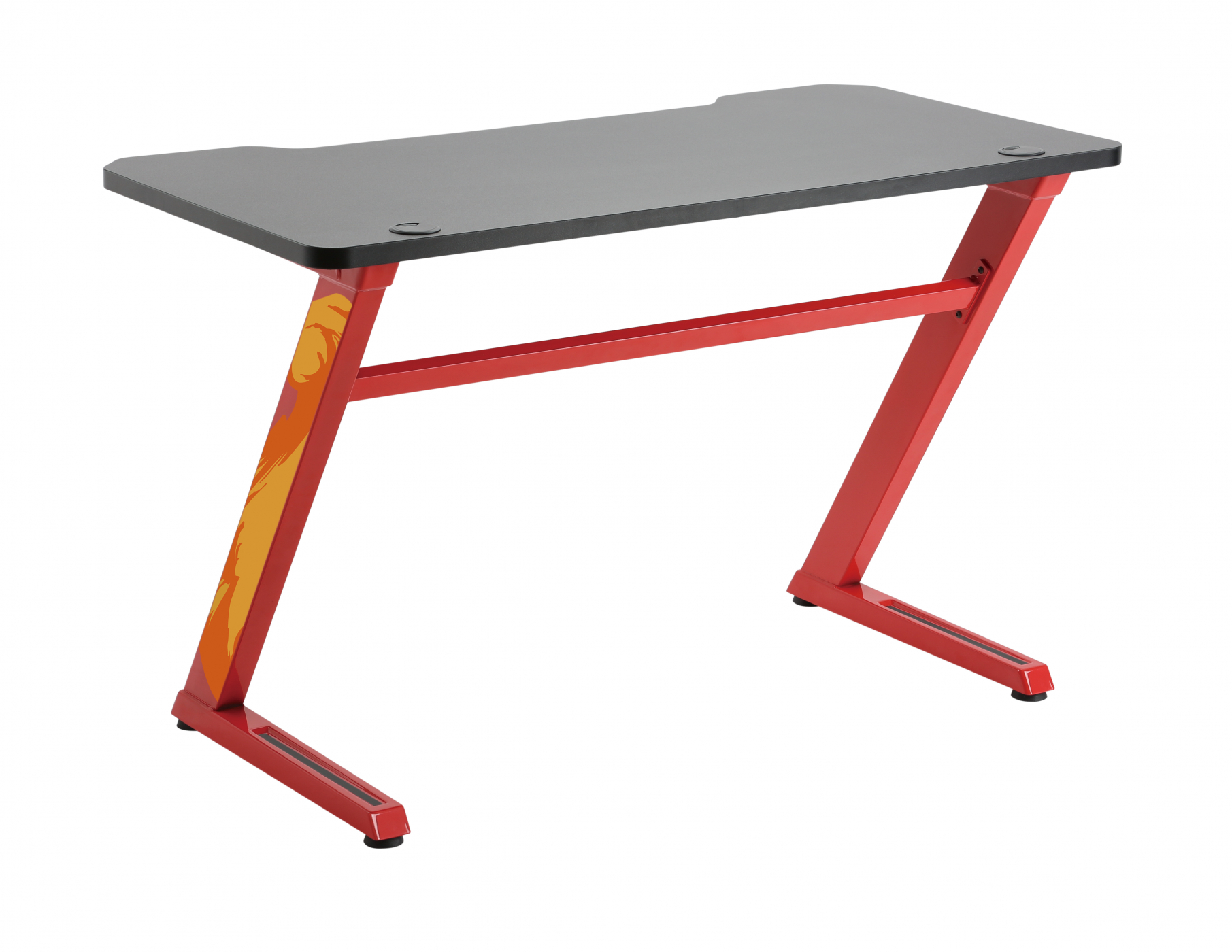 Roter Gaming-Schreibtisch mit schwarzer Oberfläche und Z-förmigem Untergestell.
