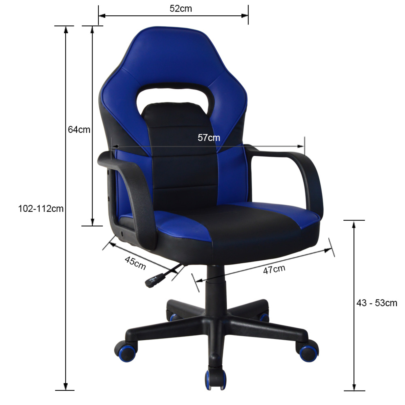 Gaming stoel met blauw en zwart design. Afmetingen worden verstrekt, inclusief hoogte en breedte.