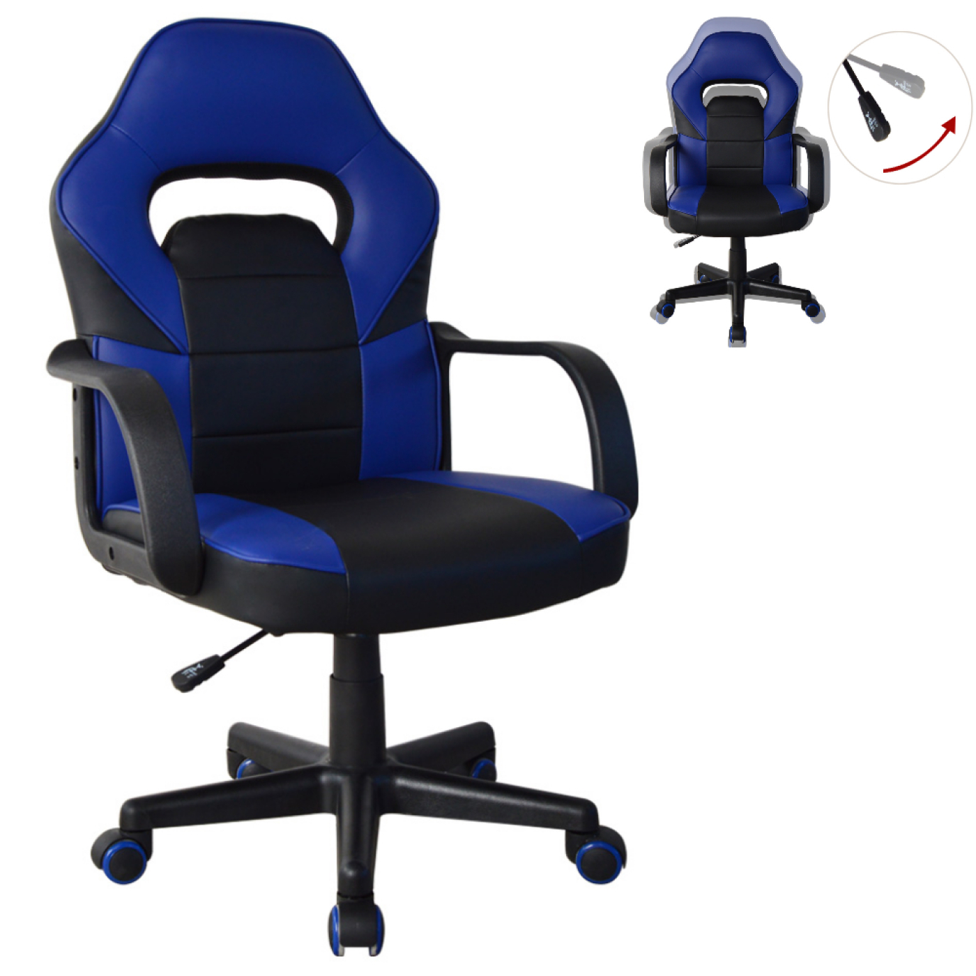 Een blauw-zwarte gamingstoel. Een inzet toont de rugleuning en een schroef voor aanpassingen.