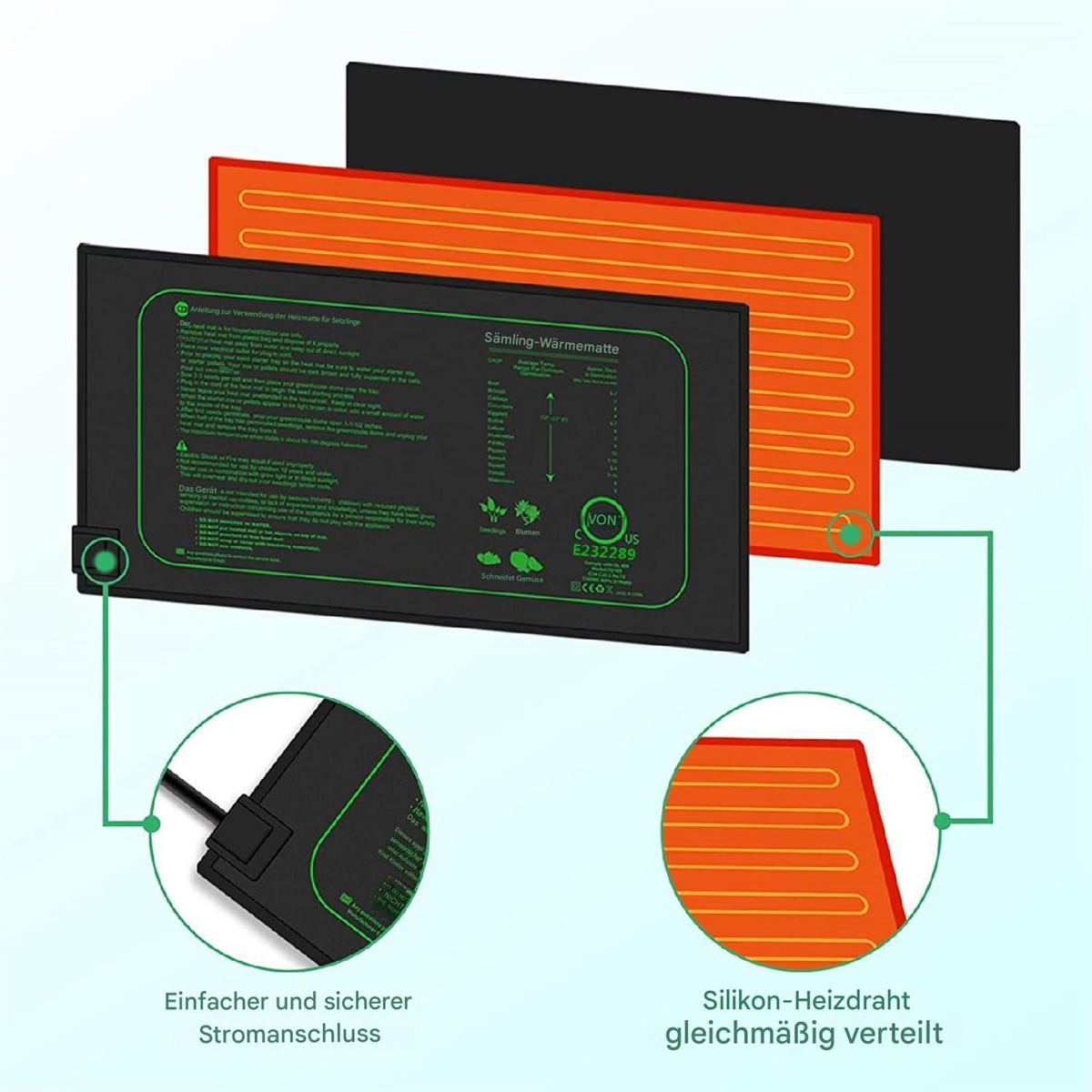 Das Bild zeigt eine schwarze Setzlings-Heizmatte mit orangenen Heizdrähten und einem Produktetikett.