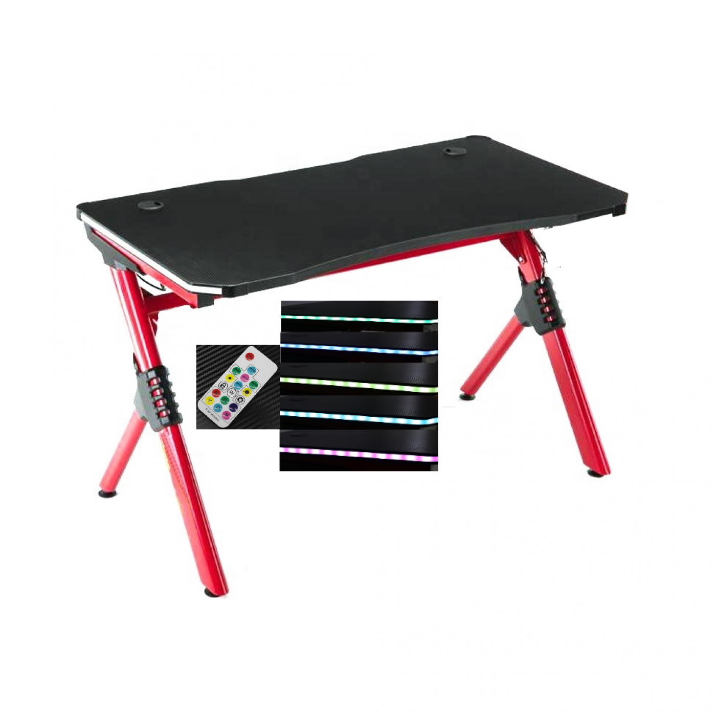 Ein rot-schwarzer Gaming-Schreibtisch mit Fernbedienung und LED-Leuchten.