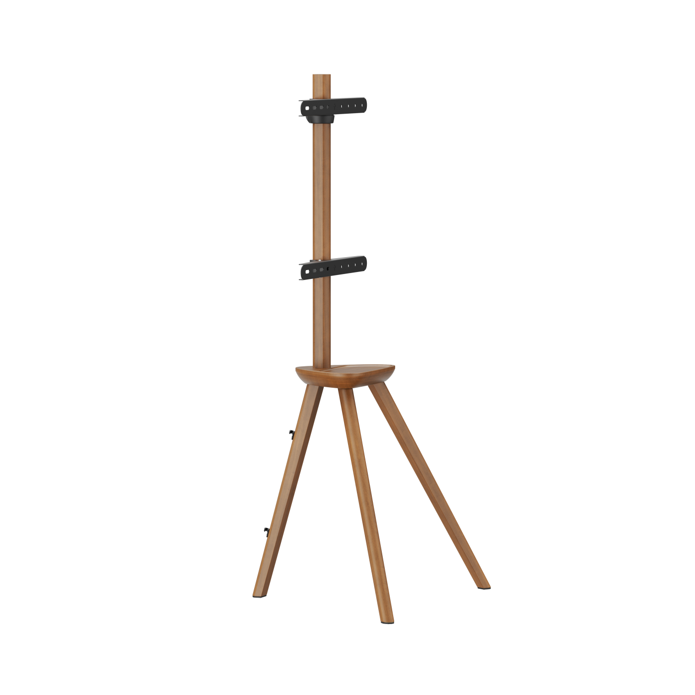 Wooden TV stand with a tripod base and two black metal brackets for mounting a TV.