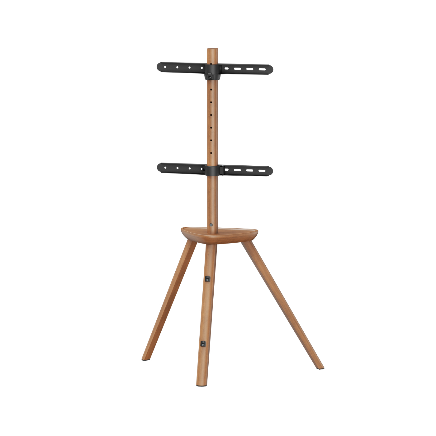 Wooden TV stand with a tripod base and a central pole with mounting brackets.