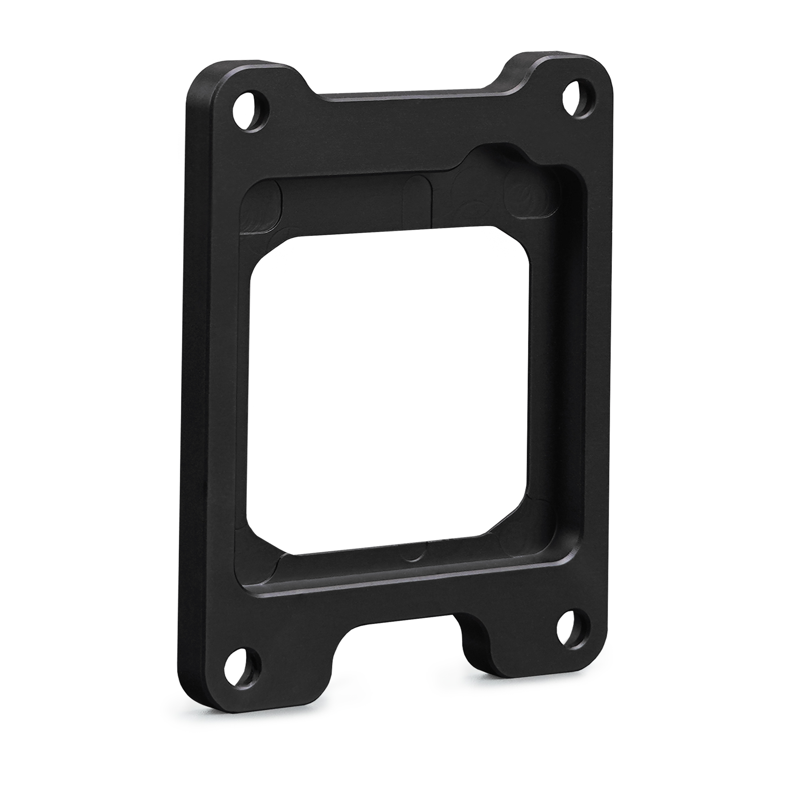 Eine schwarze Metallhalterung mit quadratischer Öffnung und vier Schraubenlöchern. Die Halterung ist auf weißem Hintergrund.