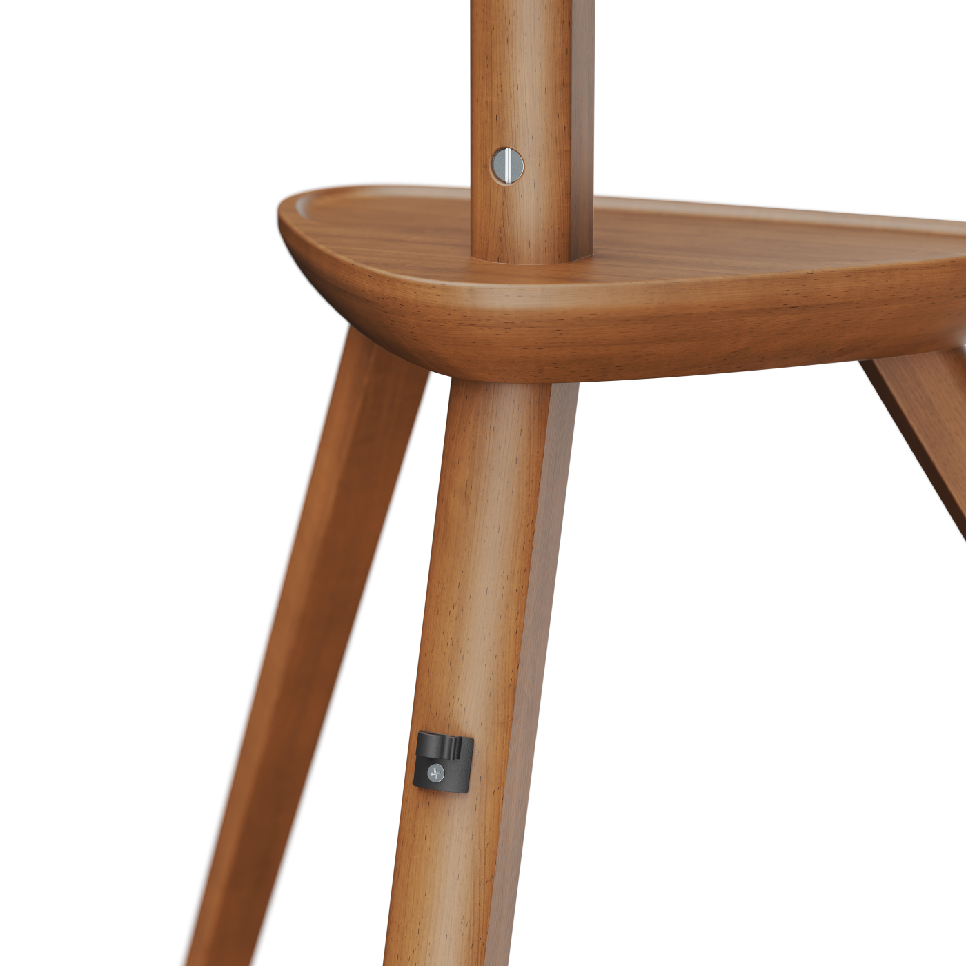 Wooden chair leg and seat. Light brown wood. The seat is triangular.