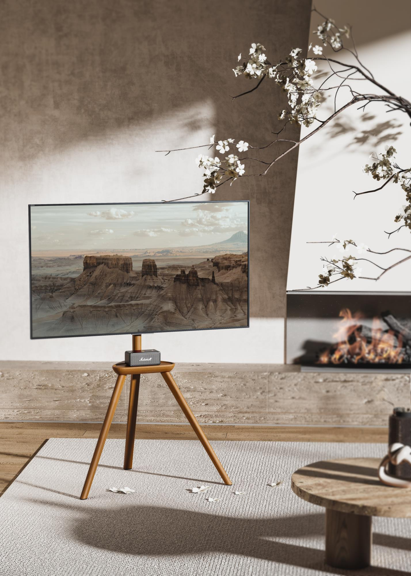 A television on a wooden tripod stand. A fireplace and a small table are in the background.